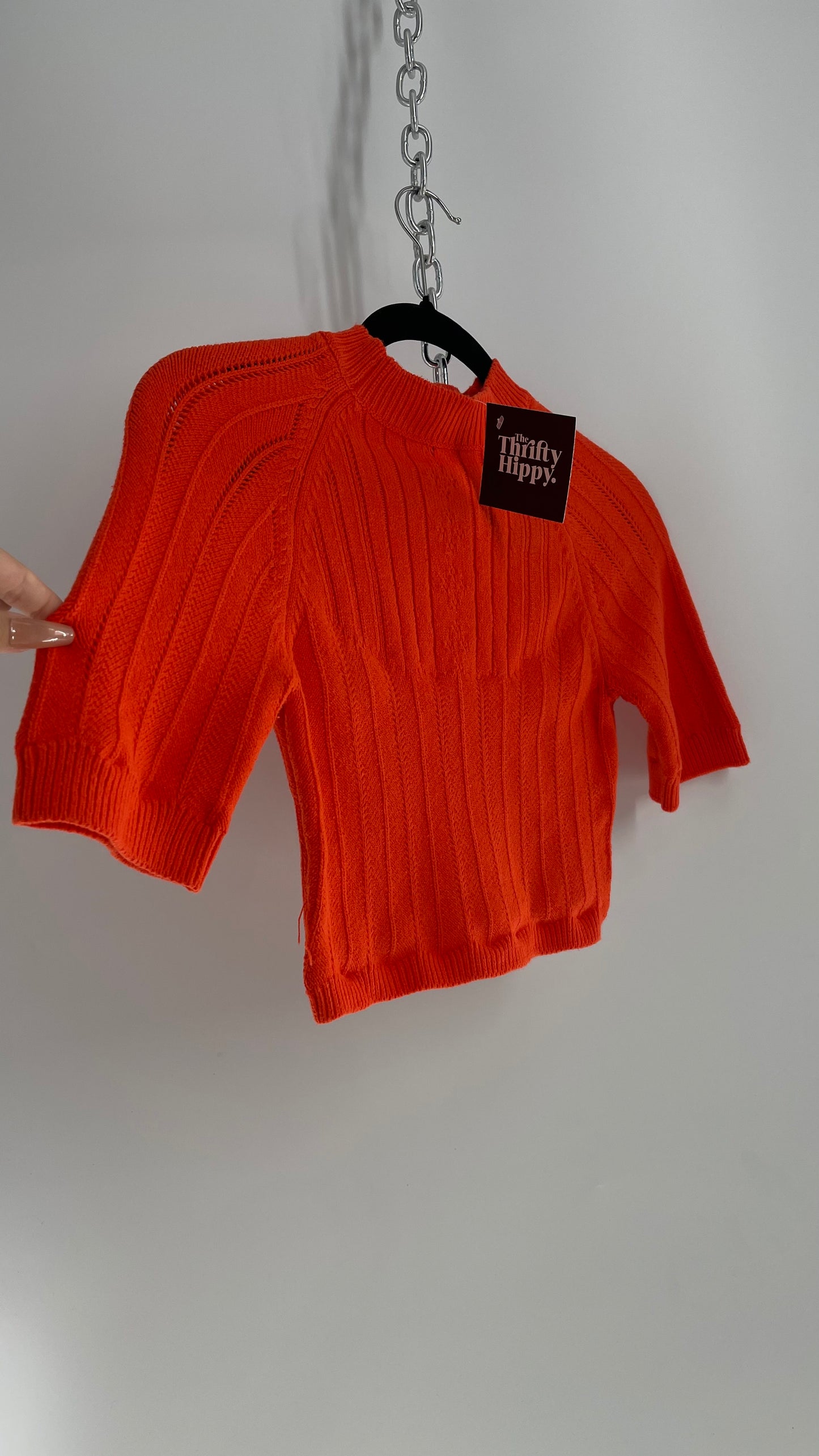 Free People Orange Knit Mock Neck Sweater with Keyhole Open Back (Medium)