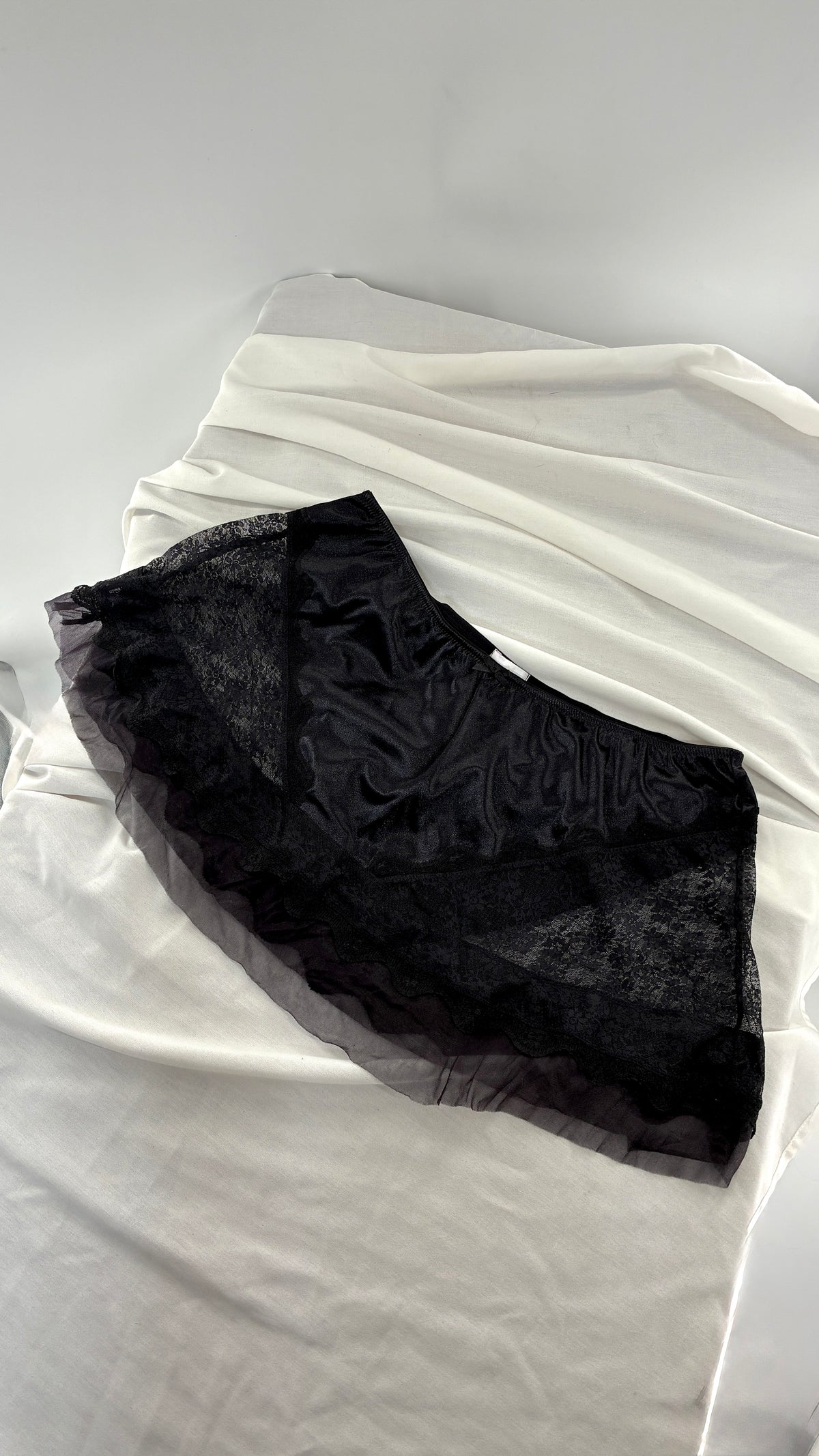 Vintage AMOUREUSE Black Satin Mini Skirt with Lace Hip Panels  (1X)