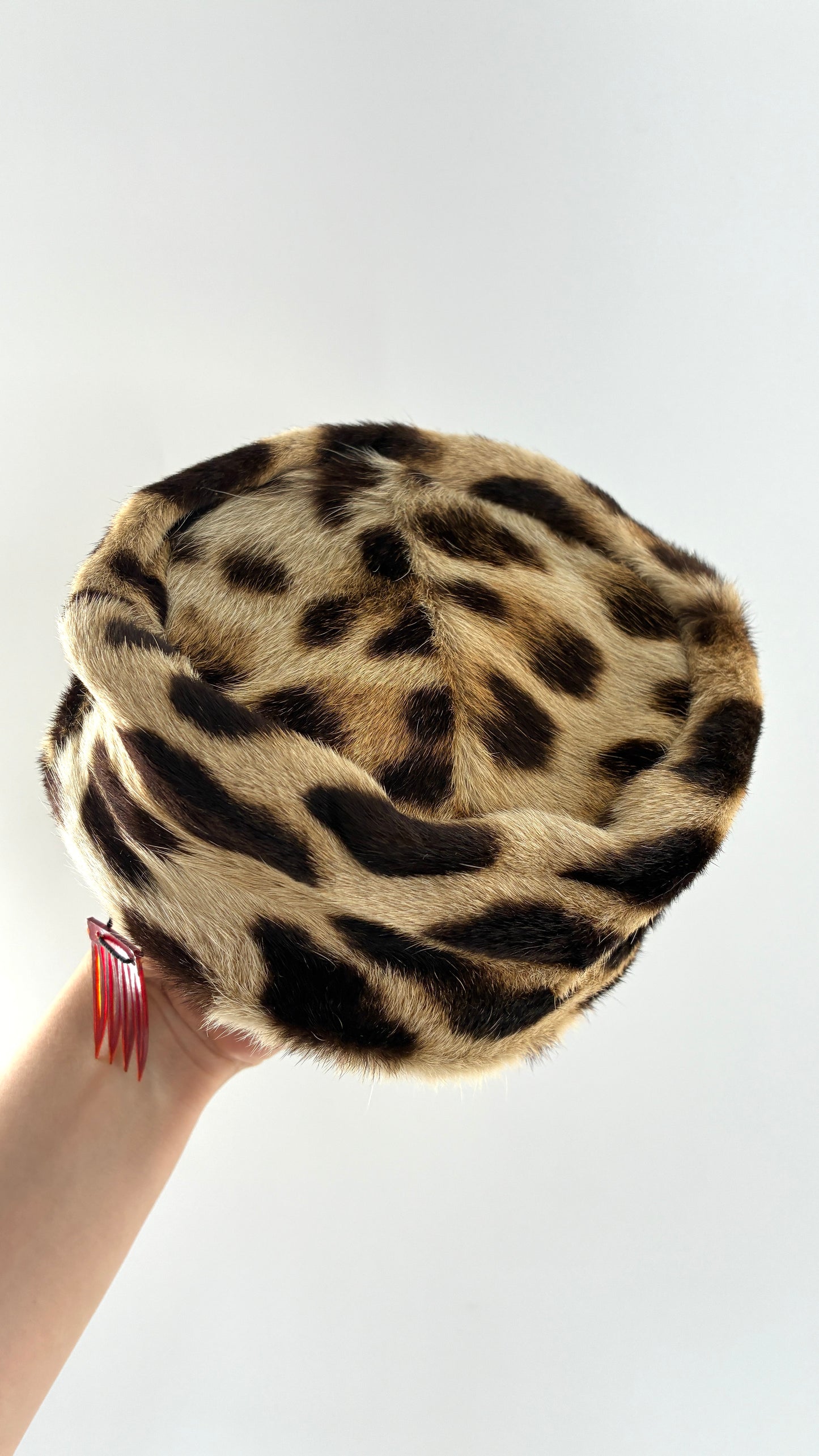 Vintage Cheetah Printed Genuine Fur Clip on Pill Box Hat