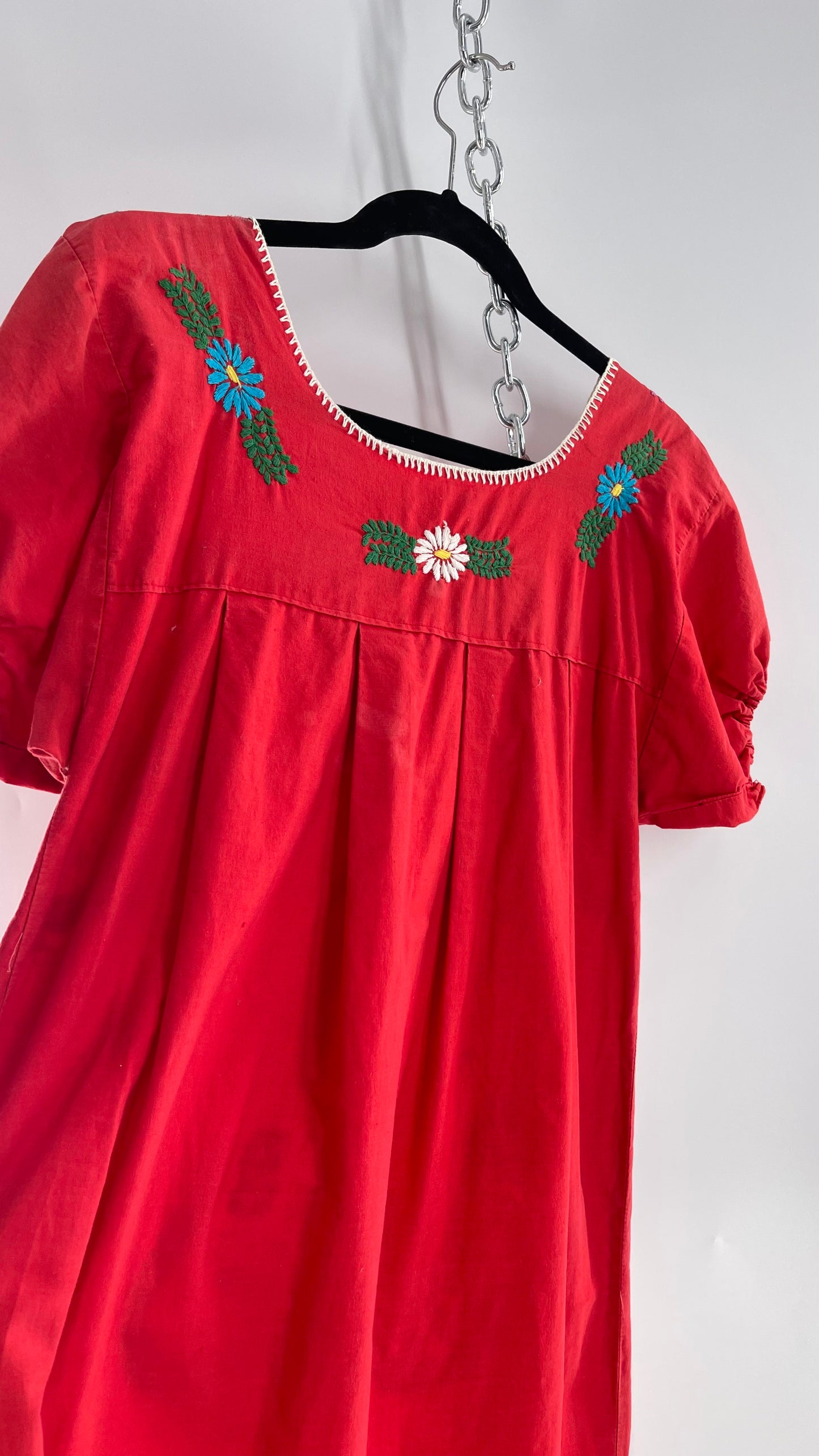 Vintage 1970s Red Cotton Dress with Hand Embroidered Florals Imported from Mexico (Small)