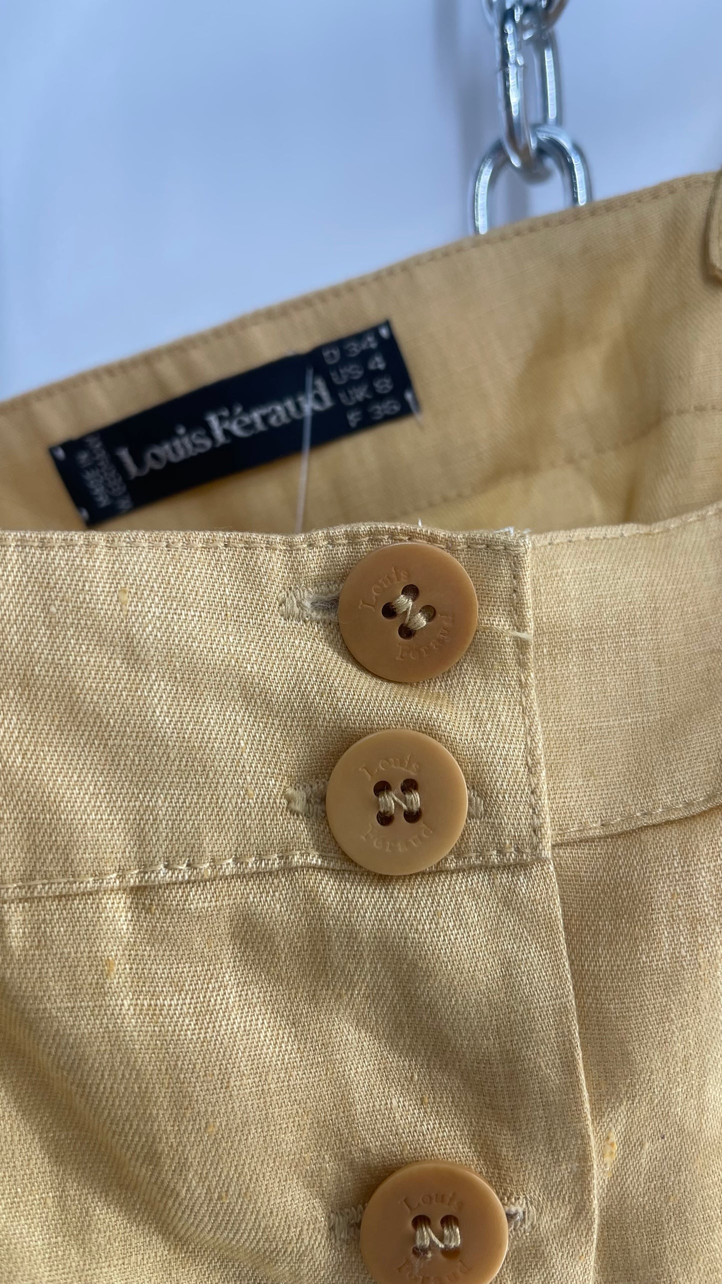 Vintage Louis Feraud 100% Linen Yellow Button Front Sleeveless Blouse and Embossed Buttons(4)