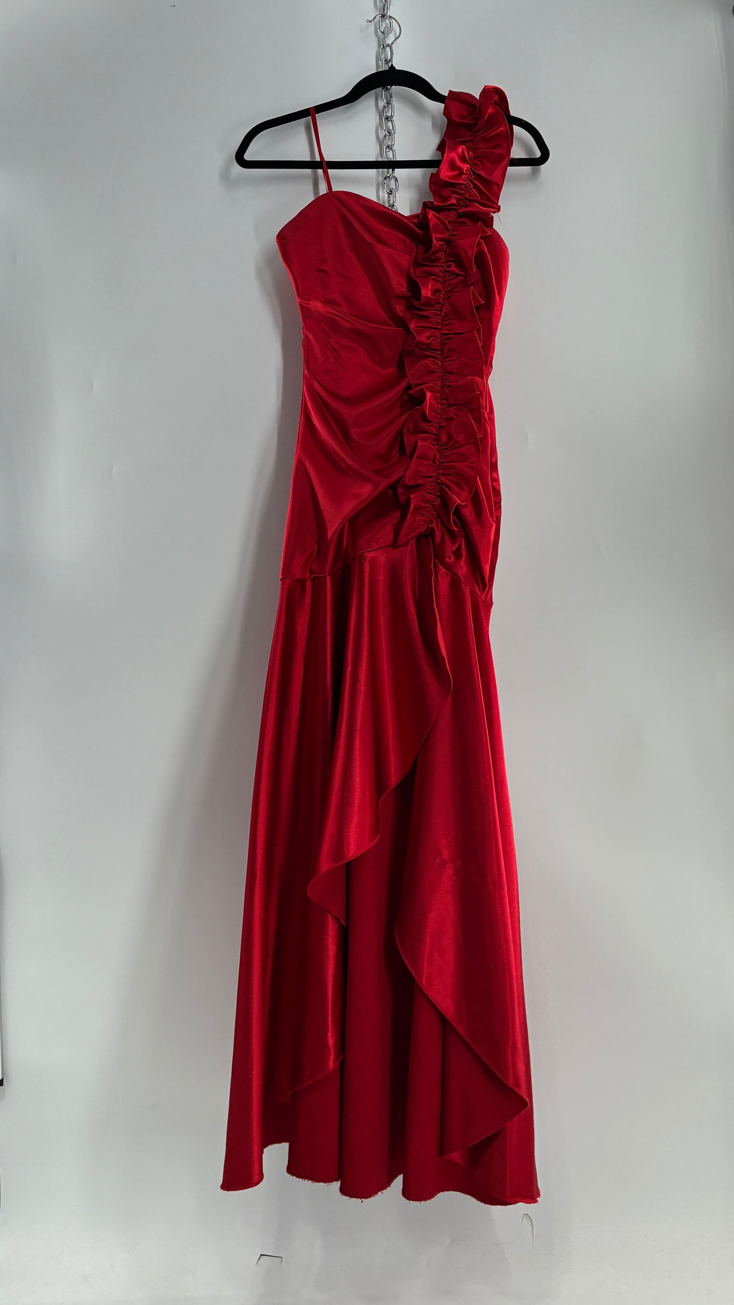 Vintage Ruby Rox Red Full Length One Shoulder Ruched Gown (3)