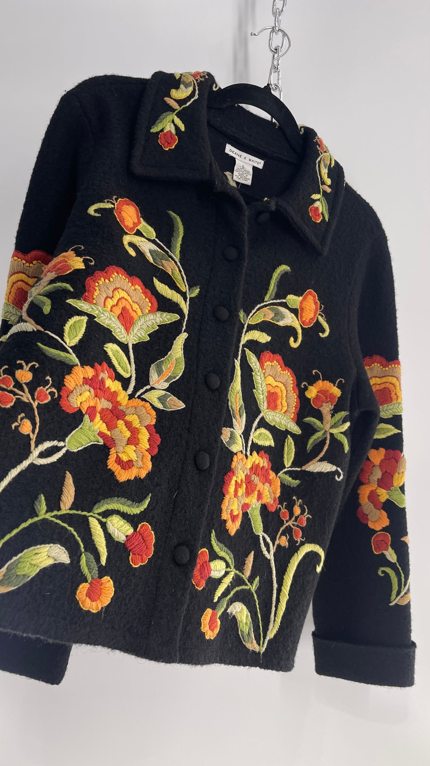 Deane & White Black 100% Wool Orange and Yellow Embroidered Flower Cardigan Jacket (Large)