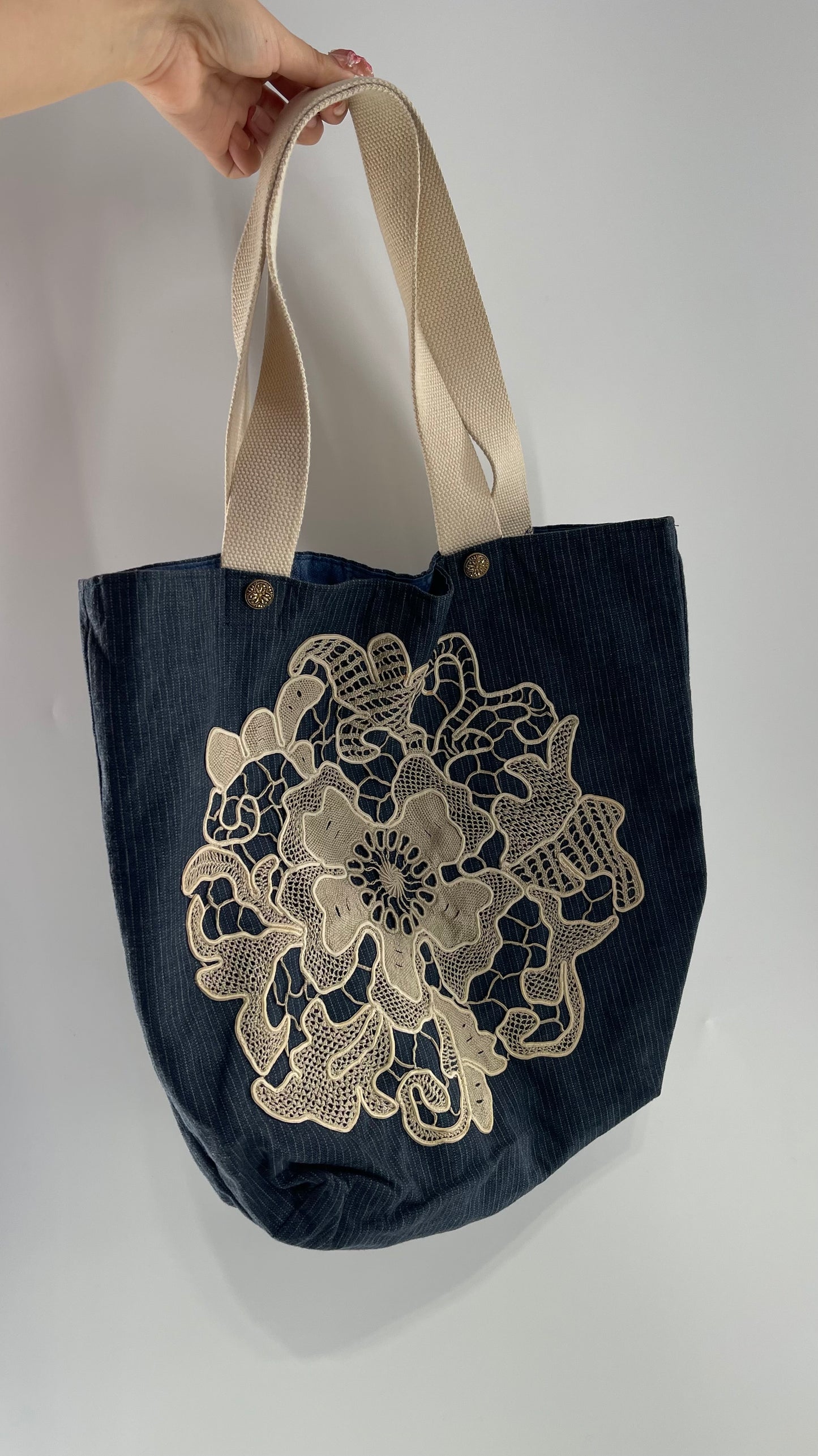 Vintage Denim Tote Bag with Lace Appliqué