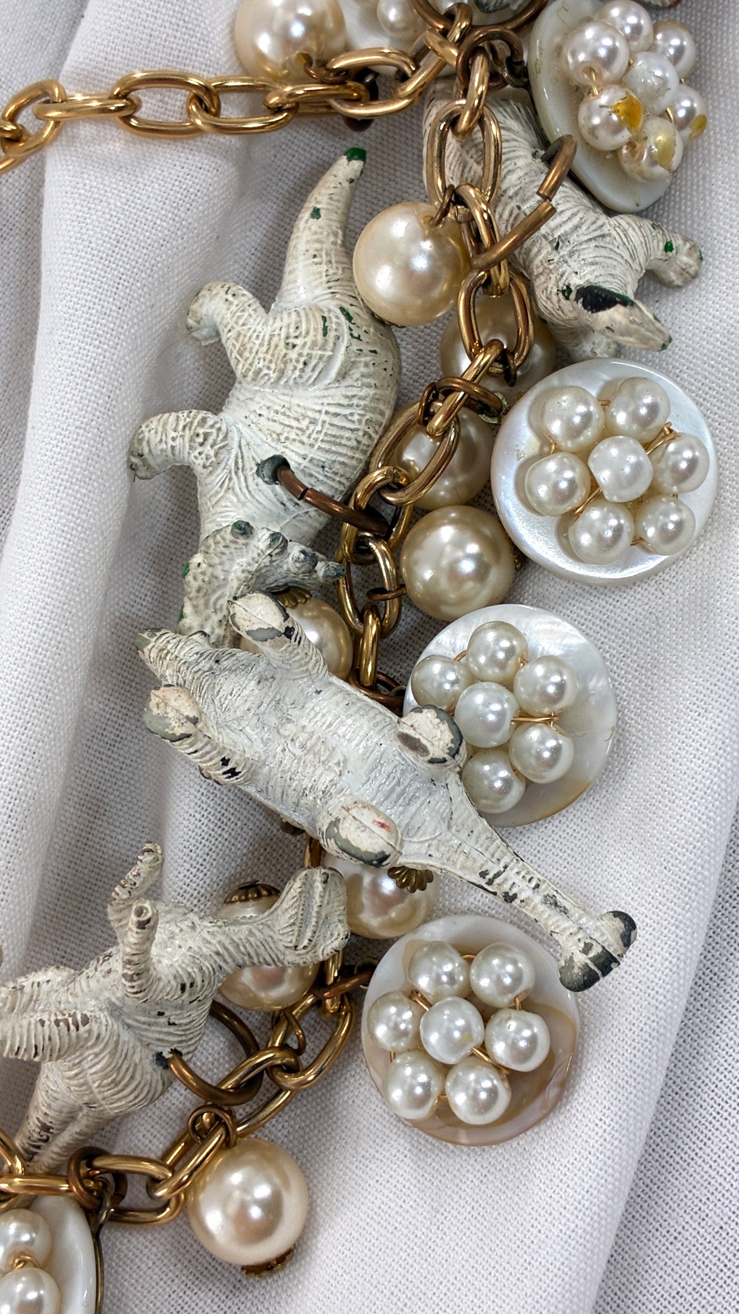 Vintage LENORA DAME Pearlescent Dinosaur Charm, Gold Chain Choker