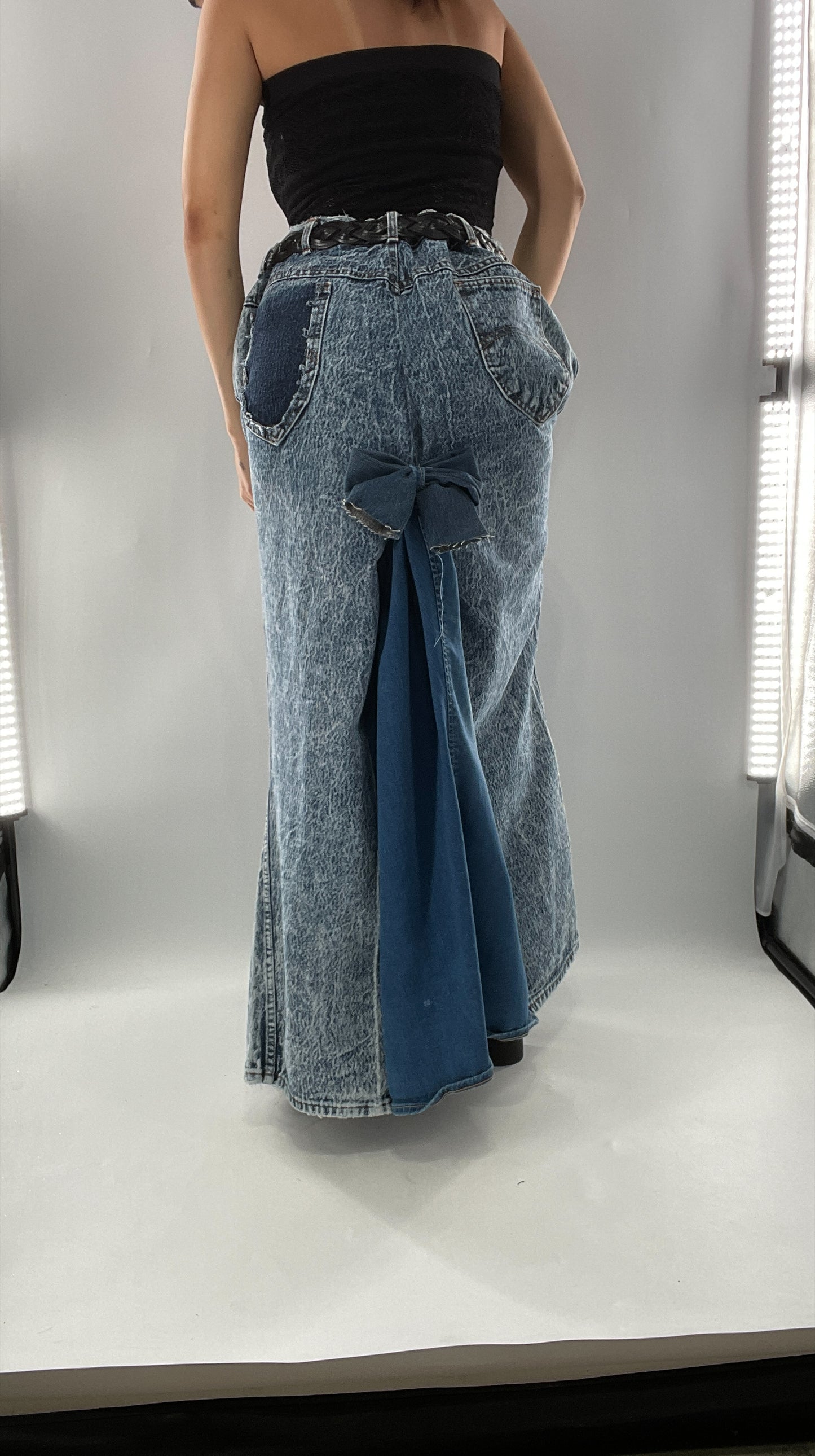 Custom Handmade Acid Wash Denim Slit Front Ruffled Skirt with Bow Bum (Large)