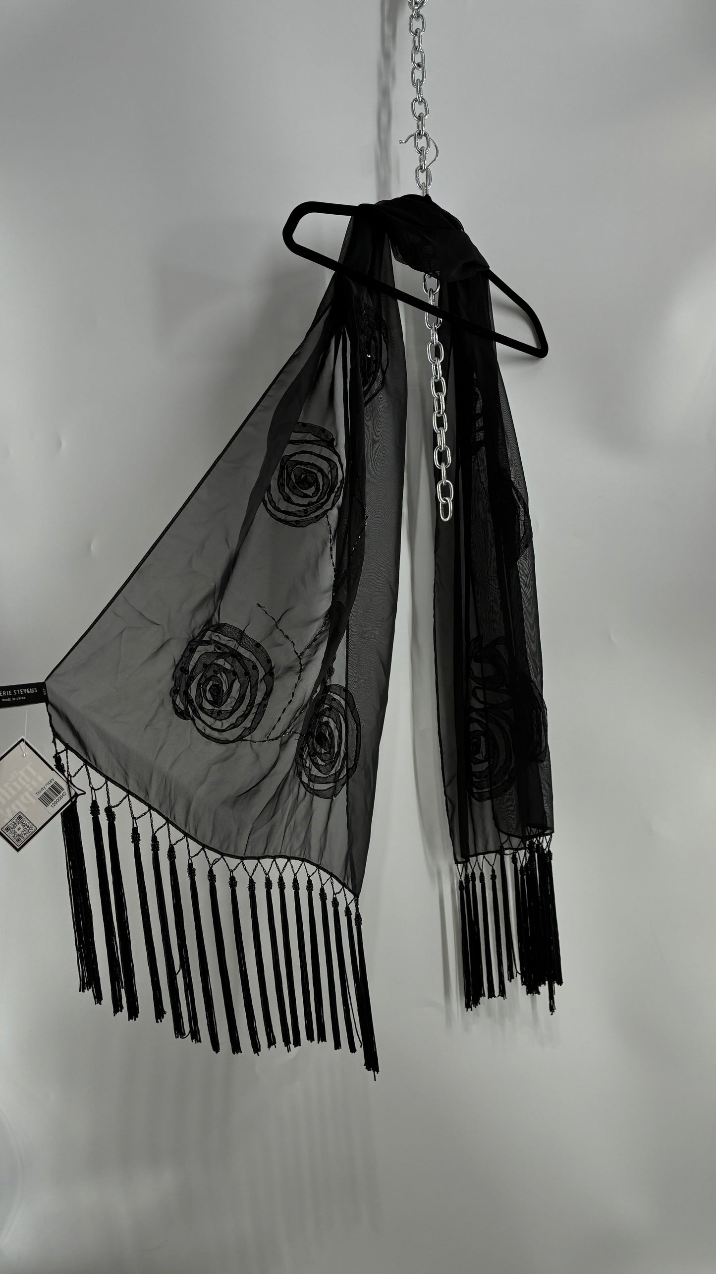 Vintage Black Beaded Scarf with Tassel Fringe and Embroidered Rosettes