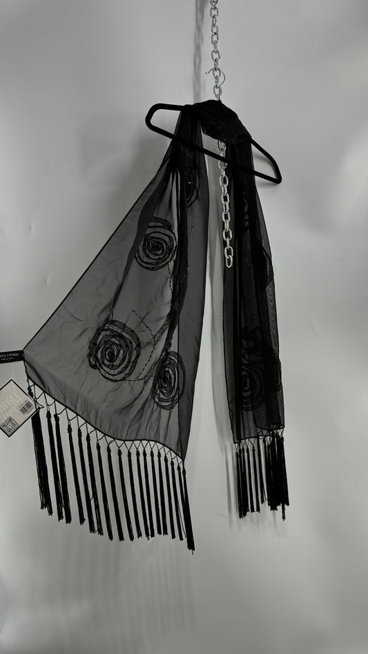 Vintage Black Beaded Scarf with Tassel Fringe and Embroidered Rosettes