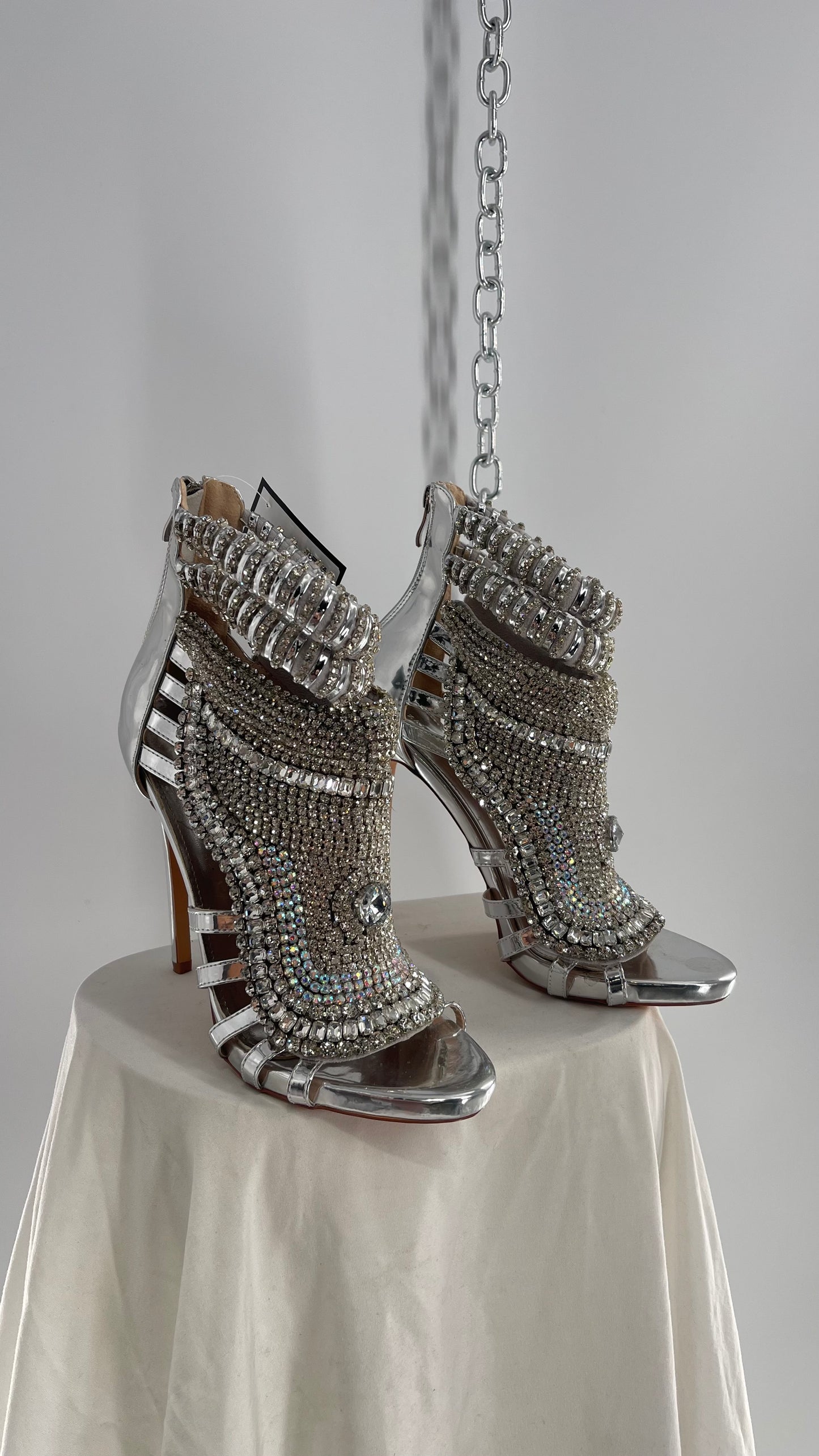 AZALEA WANG Platinum Silver Pusher Crystal Rhinestone Embellished Heel with Ankle Straps (10)