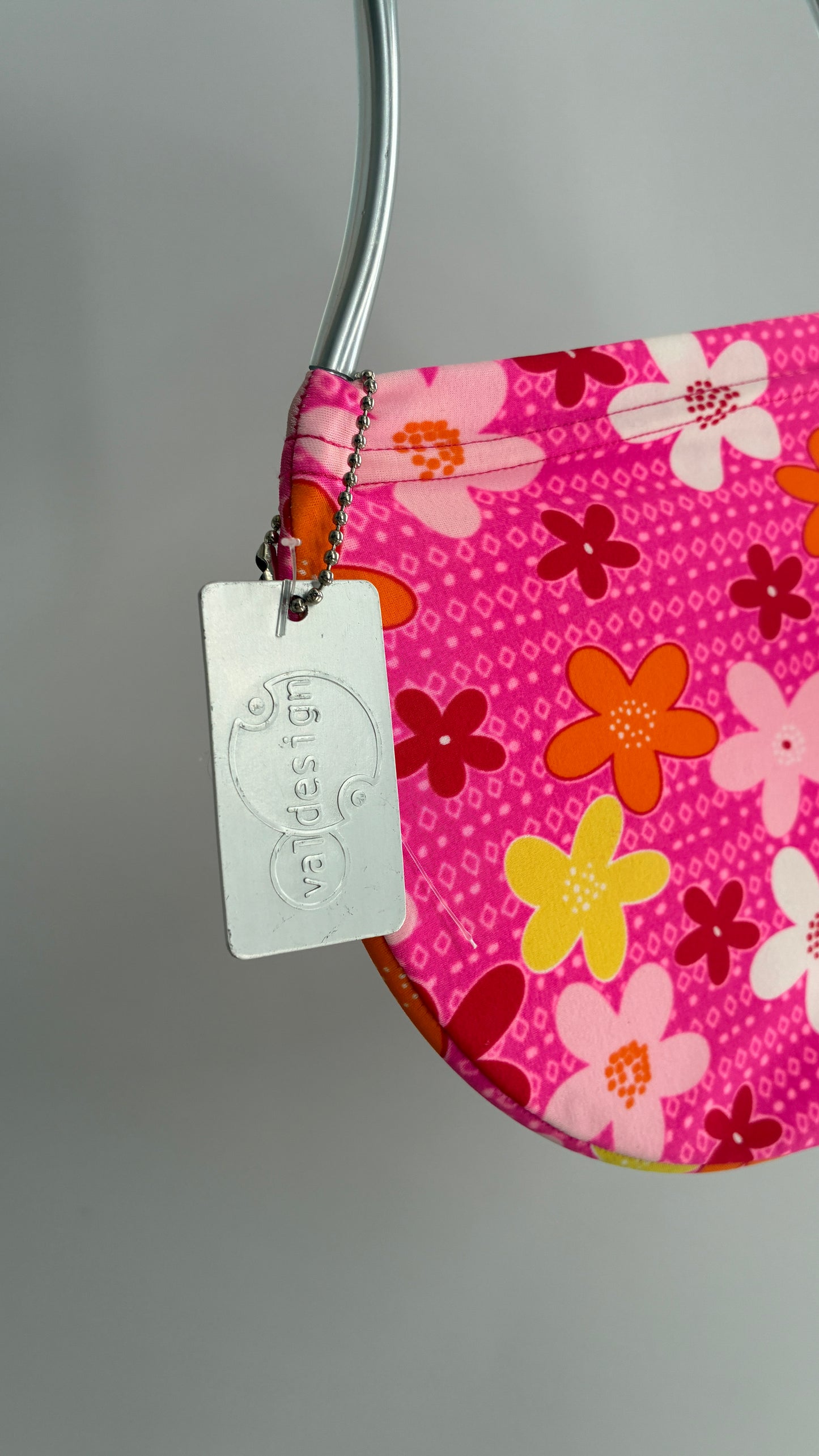 VALDESIGN Half Circle Pink Floral 2D Hand Bag with Metal Abstract Handbag