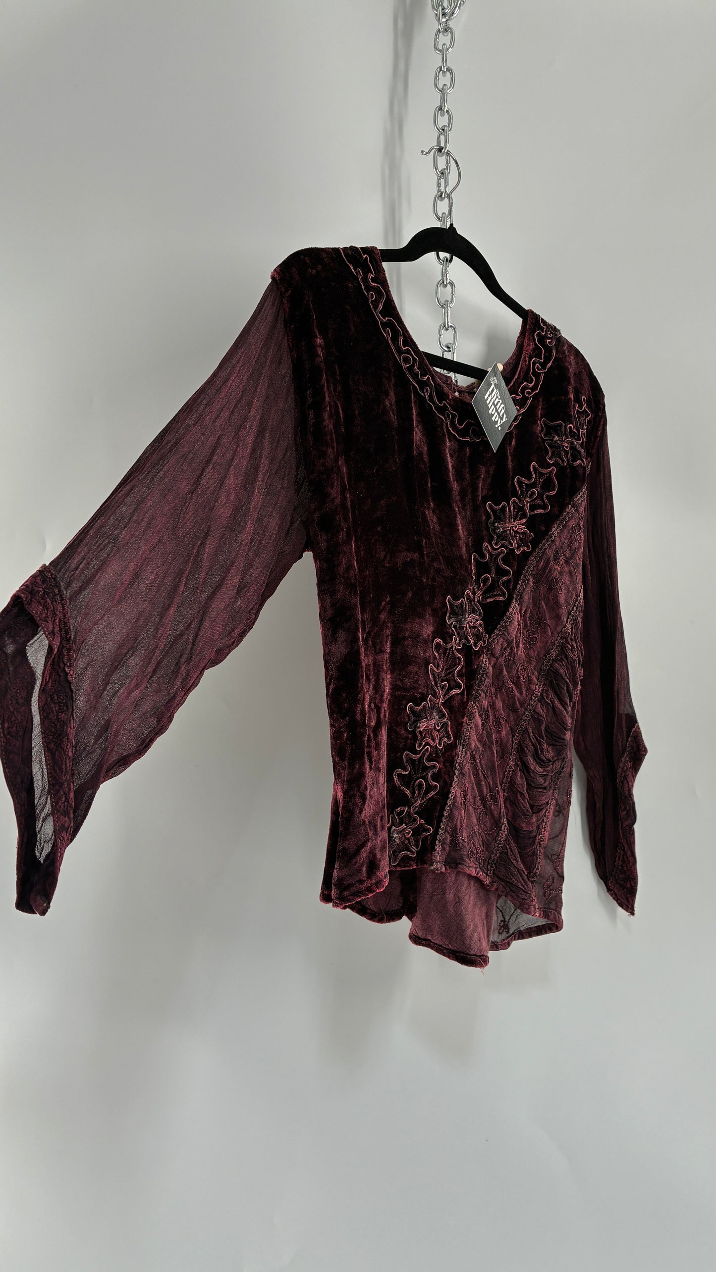 Vintage 1990s Burgundy Velvet Tie Back Blouse and Sheer Paneled Skirt (OS)