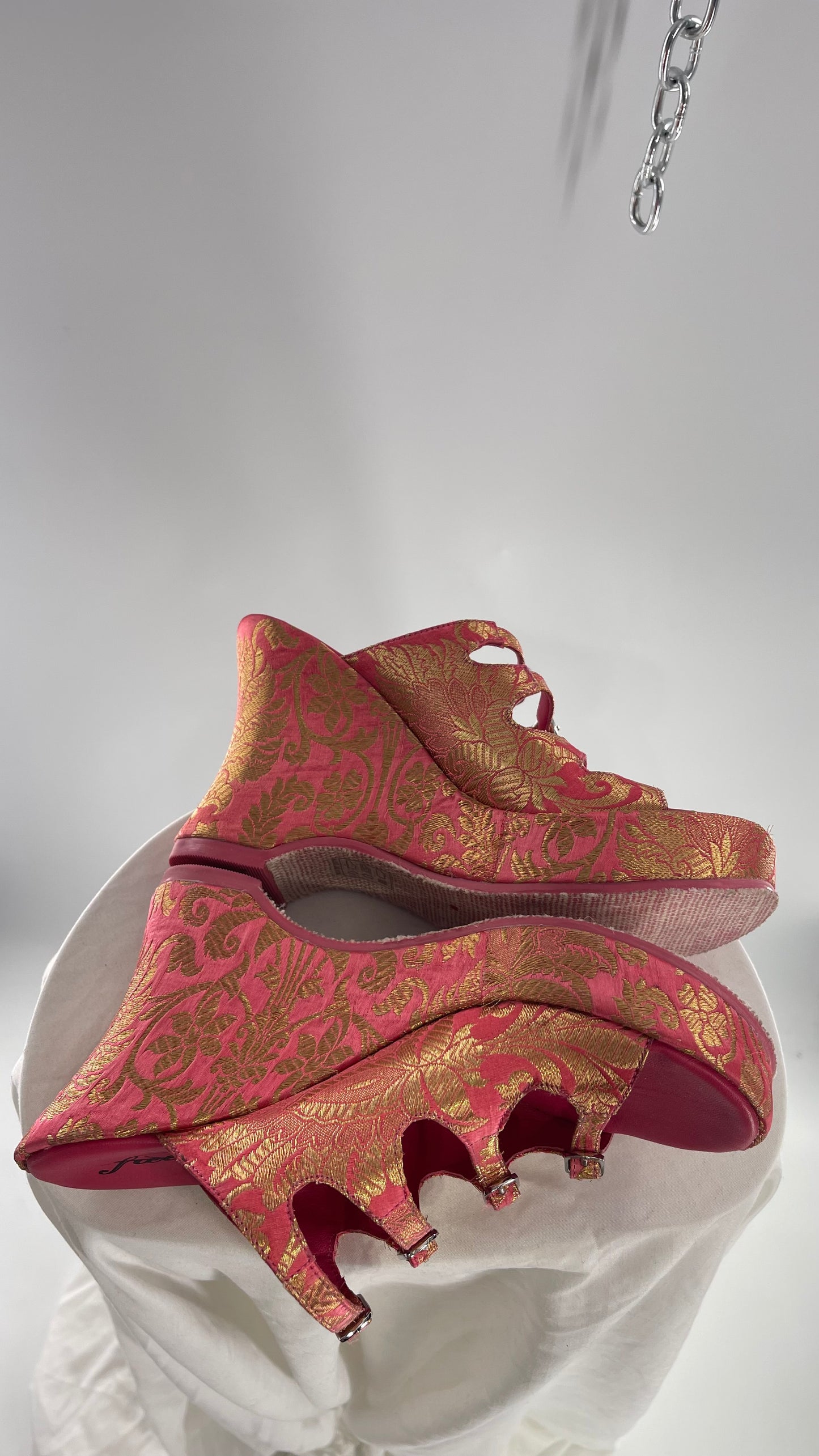 Free People Hot Pink Hoffman Buckle Front Wedge Heels with Satin Gold Paisley/Brocade Pattern (37)