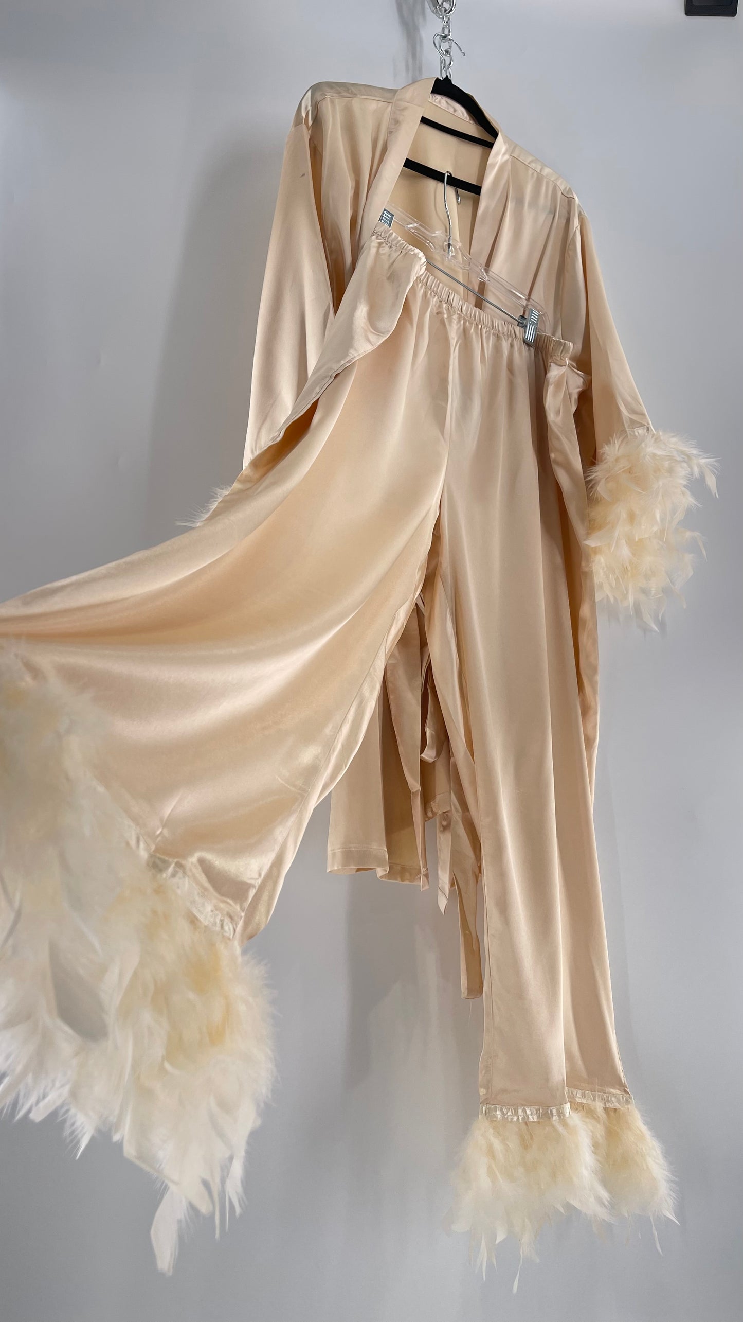 Champagne Satin Loungewear 2piece Set with Ostrich Feather Trim (3XL)