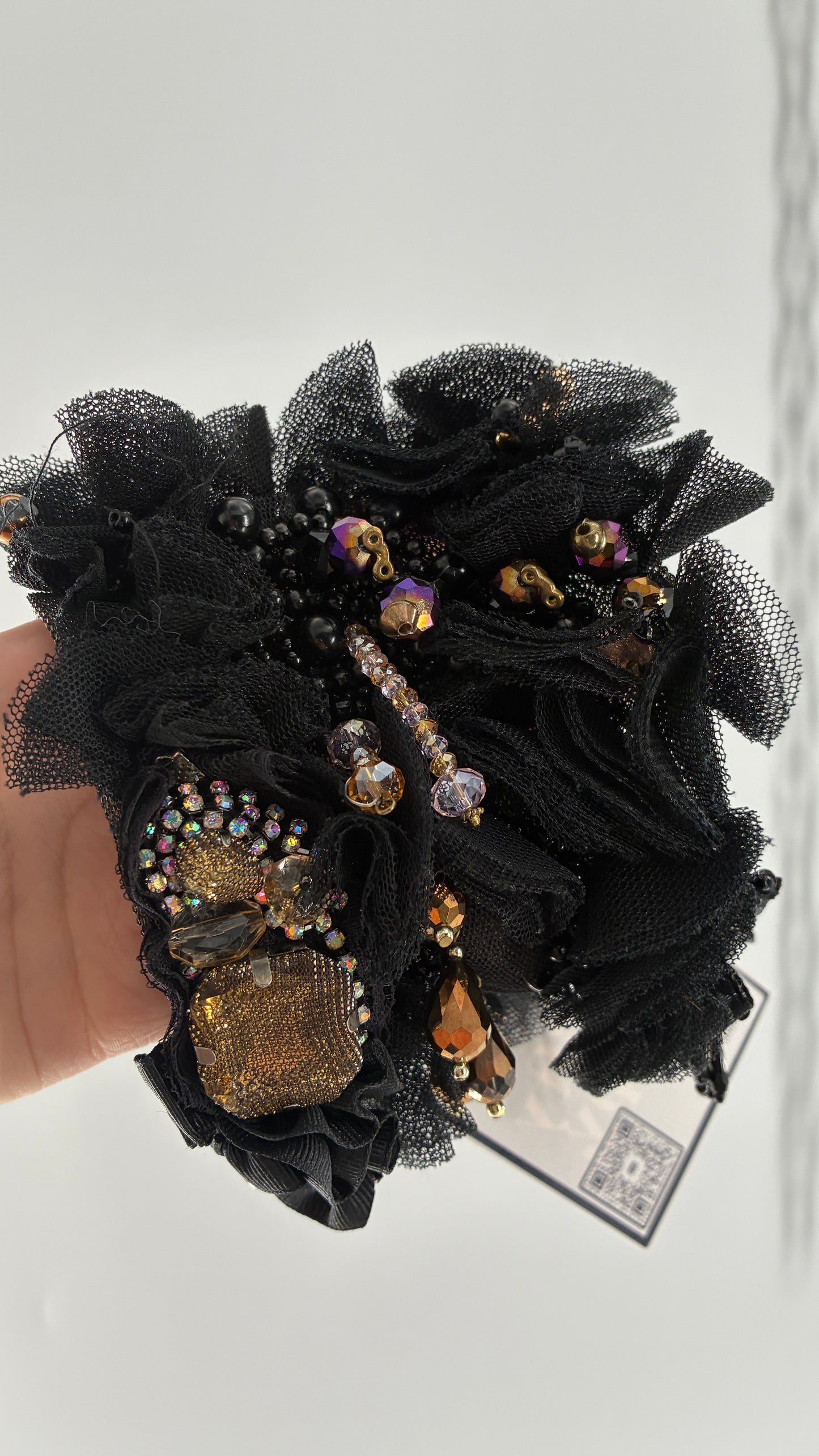 Vintage Black Tulle Jeweled Maximalist Statement Cuff Bracelet