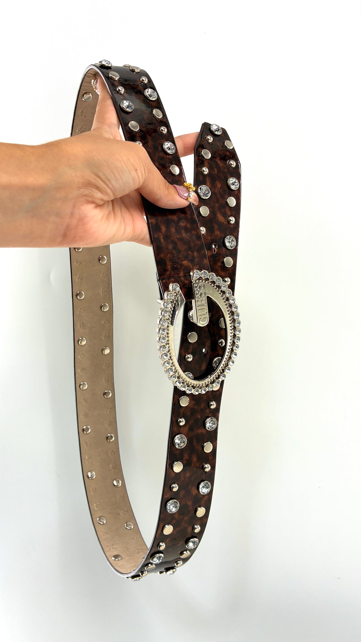Vintage GUESS Glossy Tortoise/Cheetah Belt Covered in Studs, Crystals and Iconic Buckle (Large)