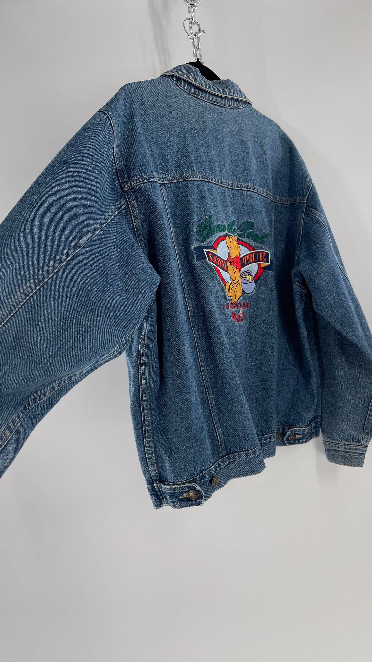 Vintage Disney Denim Jacket with Embroidered Graphic/Patches on Back and Pocket (Medium)