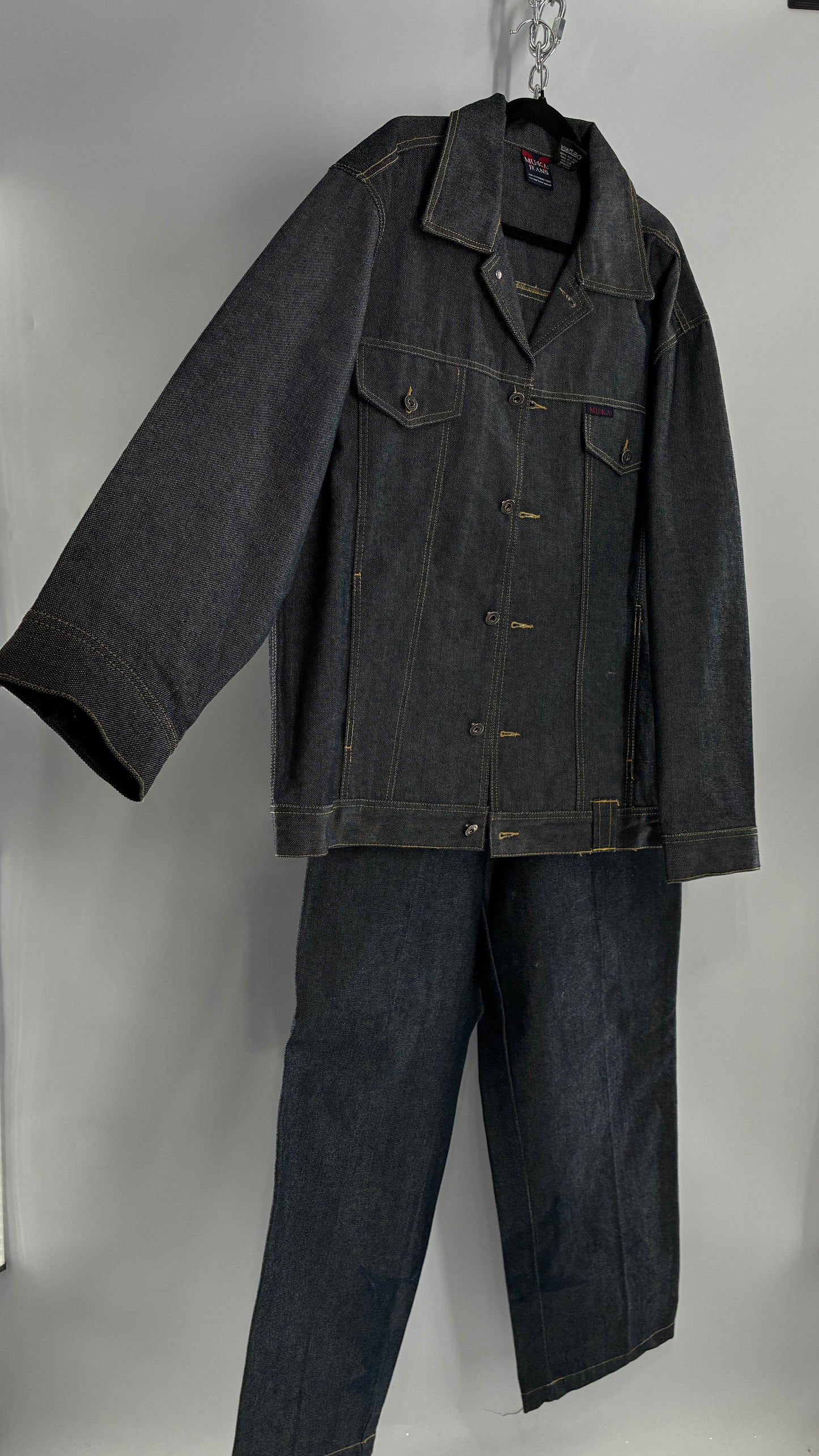 Vintage 1990s MU:KA: JEANS Men’s Dark Wash Japanese Style Denim Baggy Straight Legs and Oversized Jacket Set (L, 32x32)