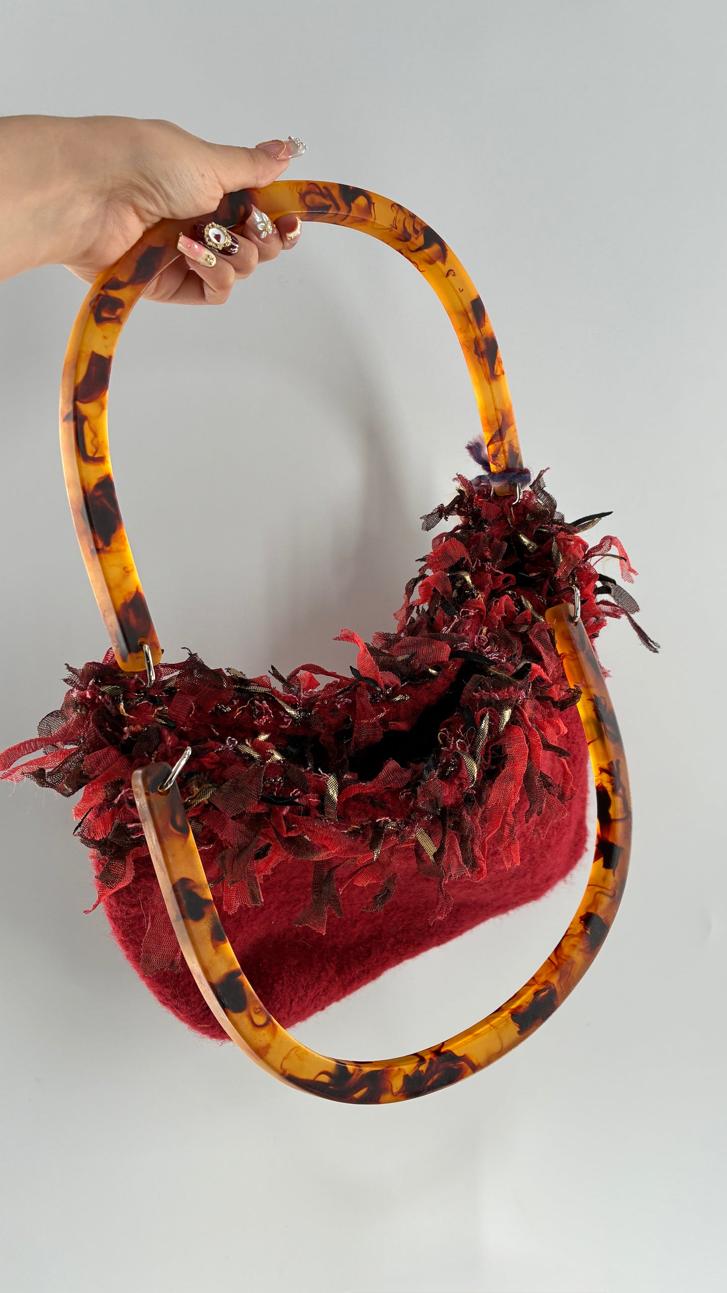 Vintage Handmade Handwoven Red Bag with Tags, Fringe Detailing and Tortoise Shell Handle