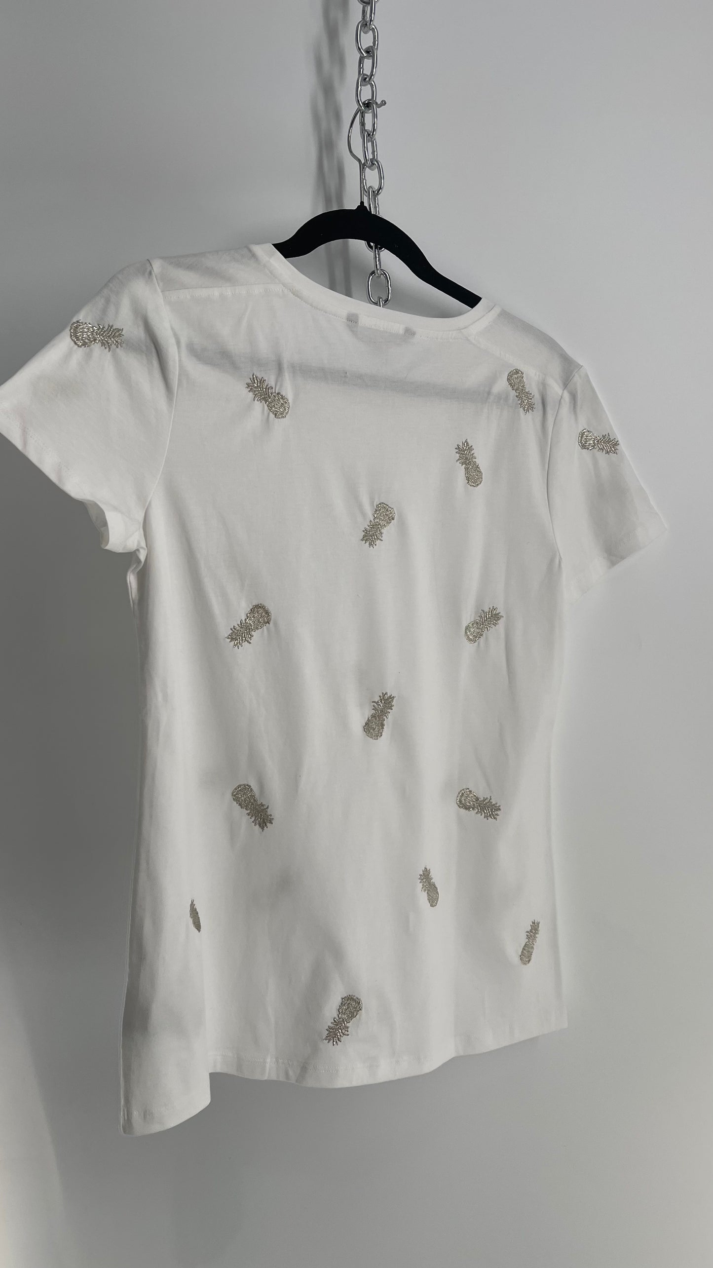 Banana Republic White Silver Embroidered Pineapple T Shirt with Tags Attached (Medium)