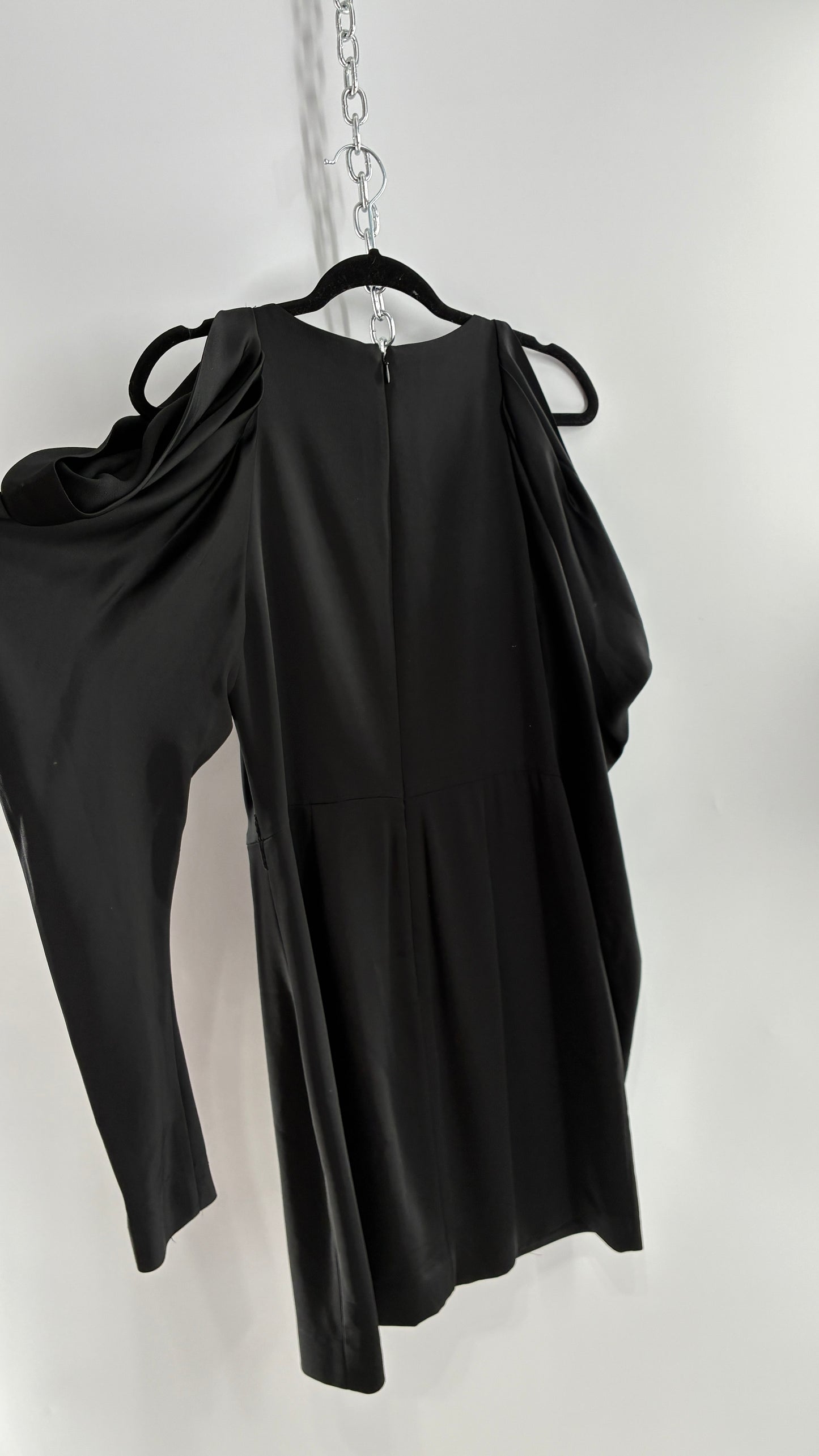 JONATHAN SIMKHAI Black Silky Mini Dress with Exaggerated, Draped Cold Shoulders (8)