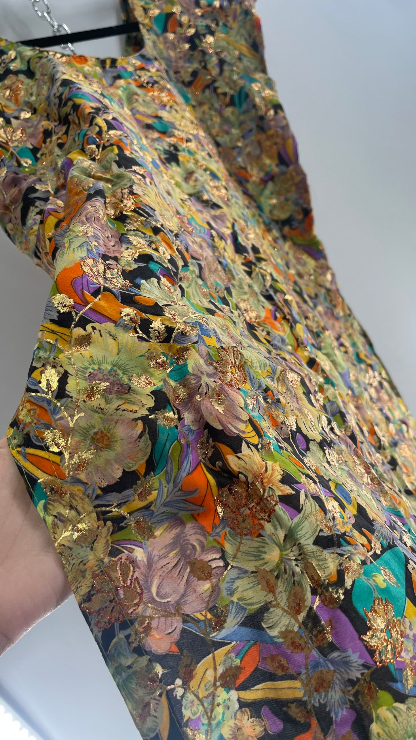 Vintage Imported Contrasting Floral Side Slit Tunic Silk with Hand Painted Glitter Details (Medium)