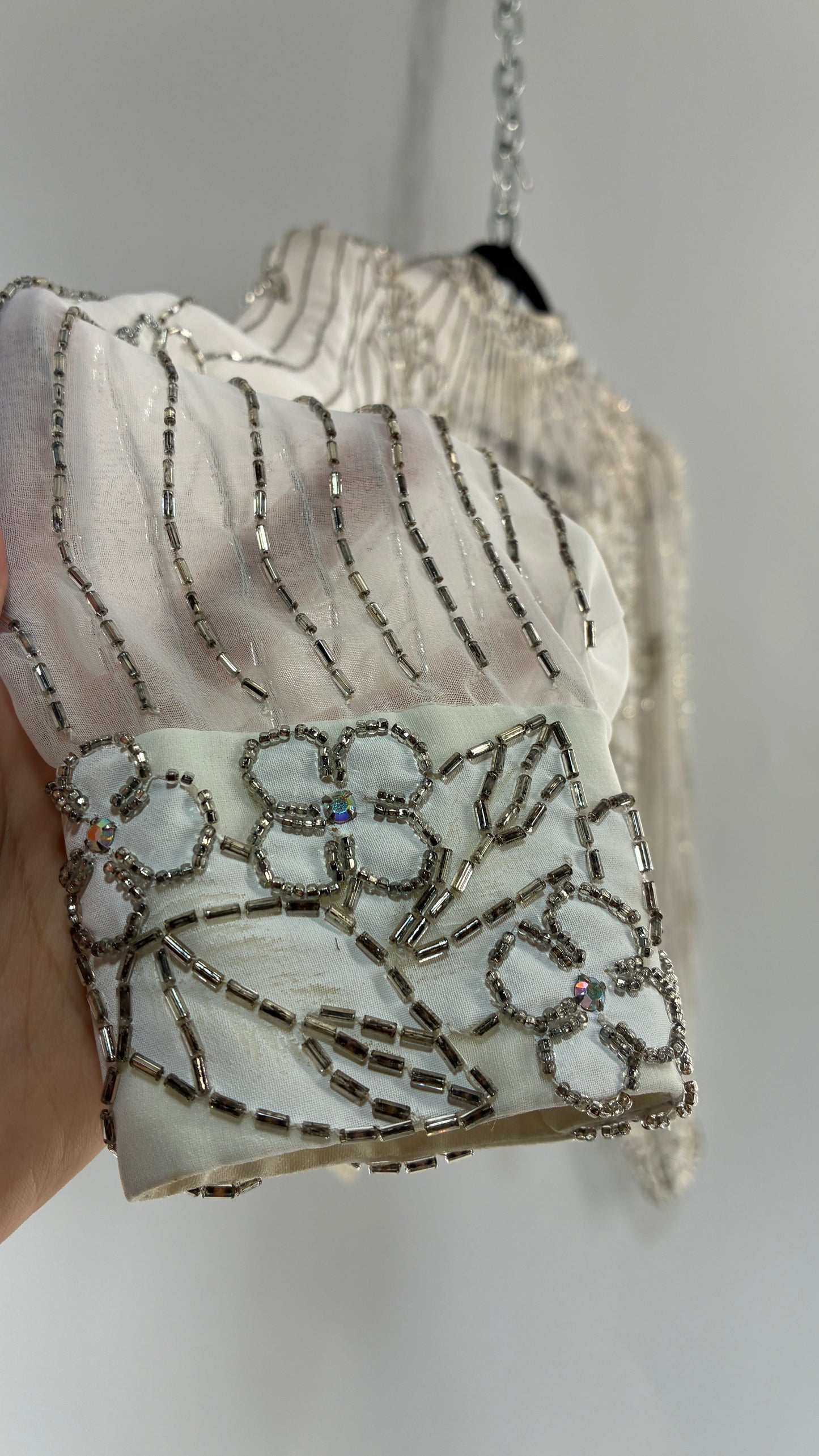 Vintage Sheer White Bridal Beaded Open Back Floral Blouse with High Neck (Medium)
