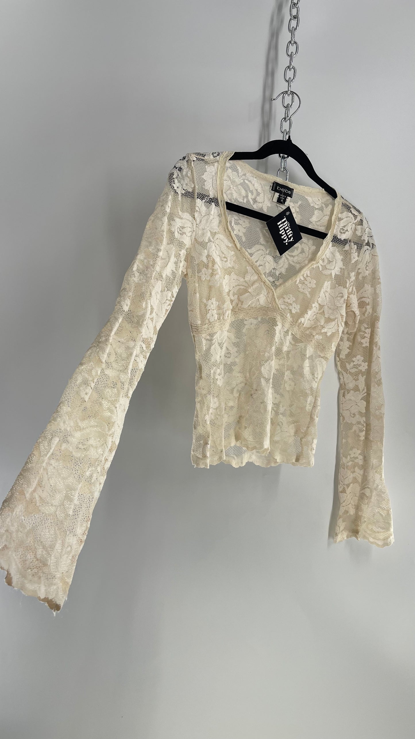 Vintage Bebê Ivory Lace Sheer Bell Sleeve V Neck Blouse (Medium)