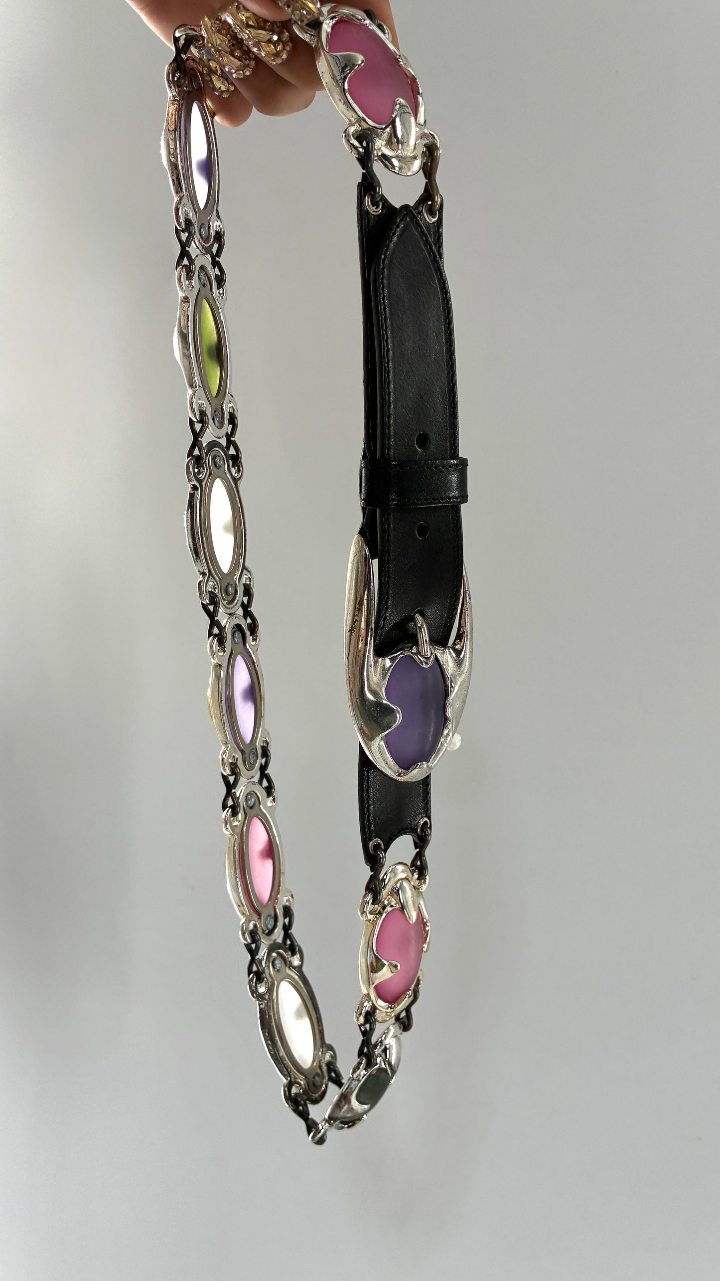 Vintage NEIMAN MARCUS Linea Pelle  Silver Metal Belt with Oversized, Sautered Gemstone Details Made in Italy (Medium)