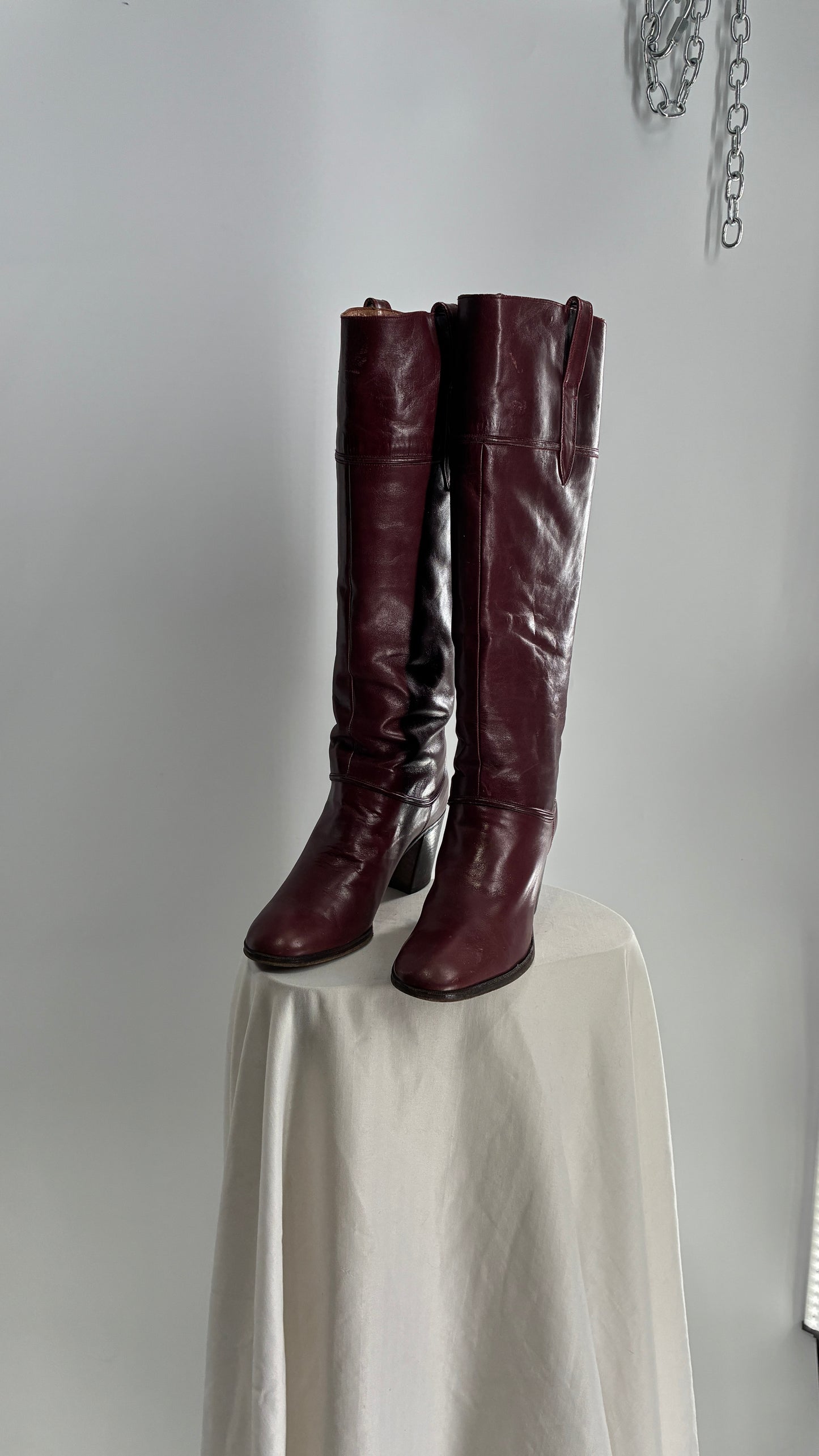 Vintage Red Leather Round Toe Knee High Boots Made in Spain Boots (38)
