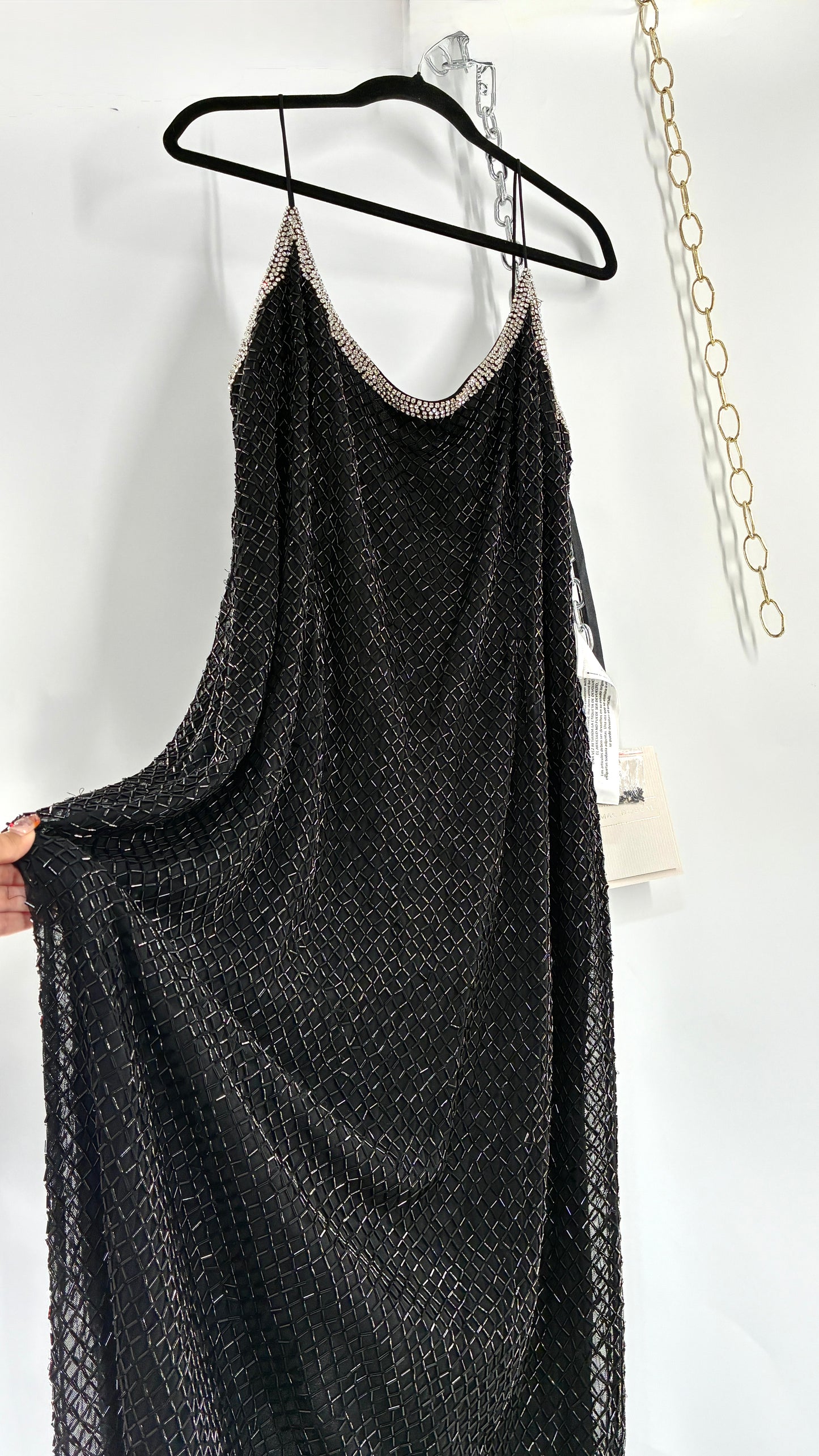 Vintage MAC DUGGAL Black Beaded Spaghetti Strap Column Gown with Tags Attached (16)