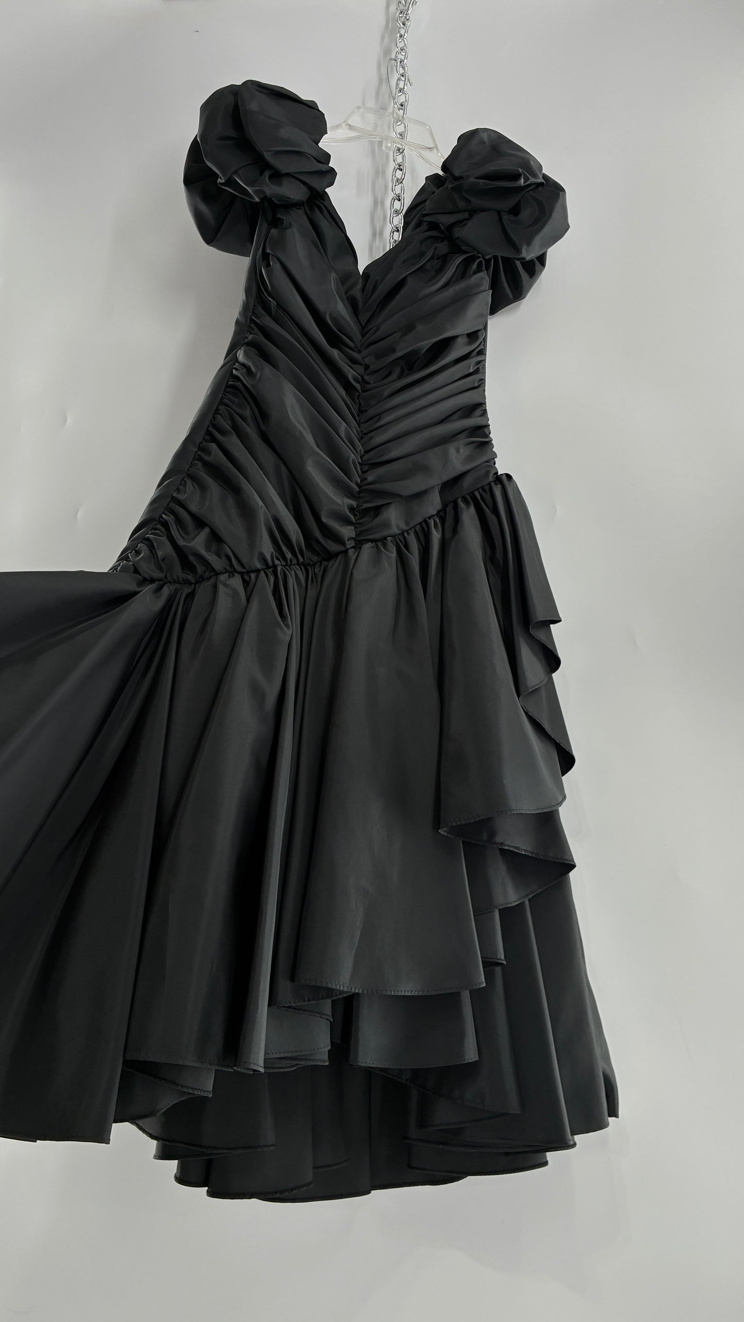 Vintage 1980s Black Gown with Ruched Bodice, Exaggerated Puff Sleeves, and Tiered Skirt (Measured)