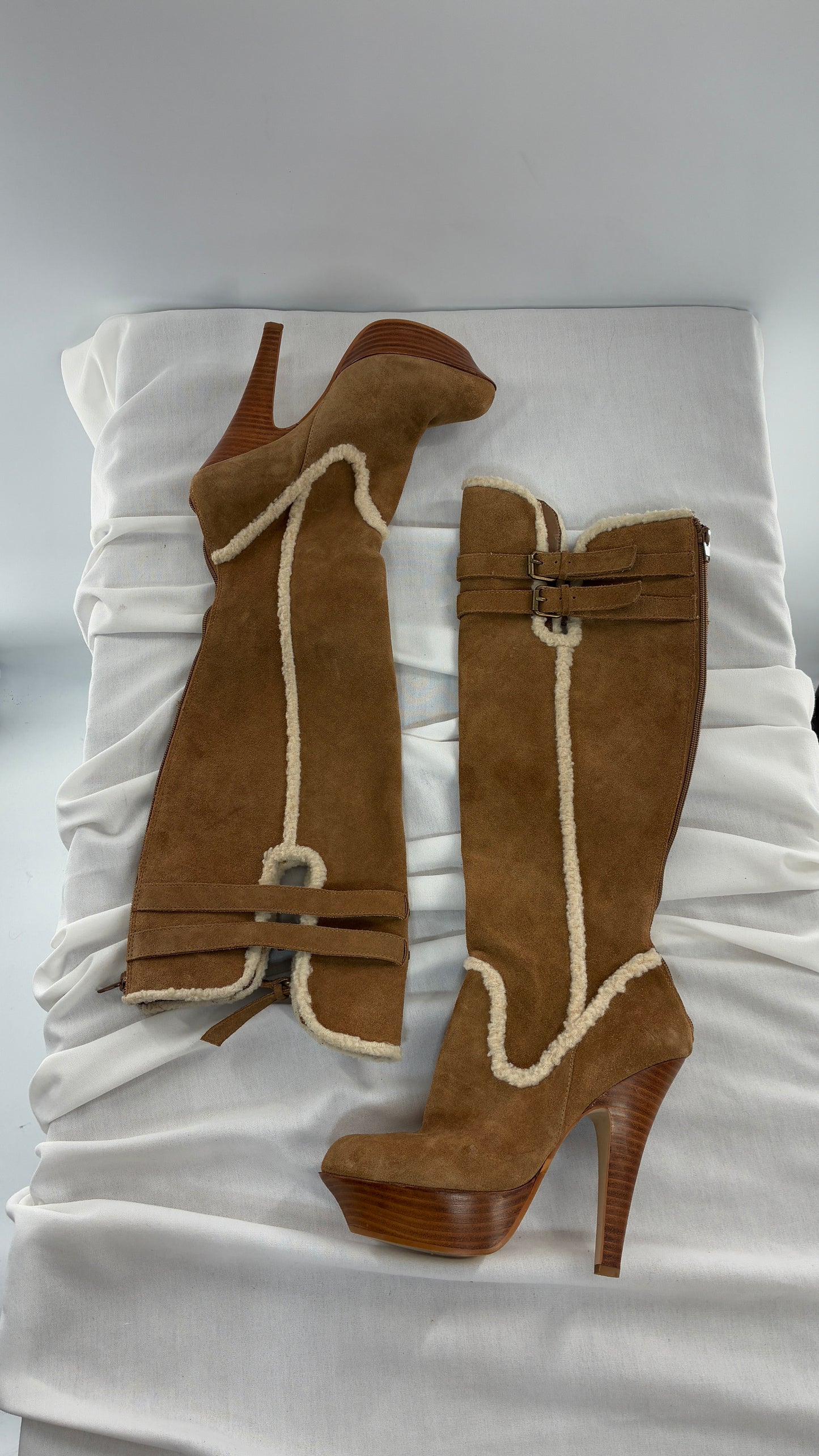 Vintage BEBE Genuine Suede Leather Stiletto, Platform Knee High Boots with Shearling Piping (8B)