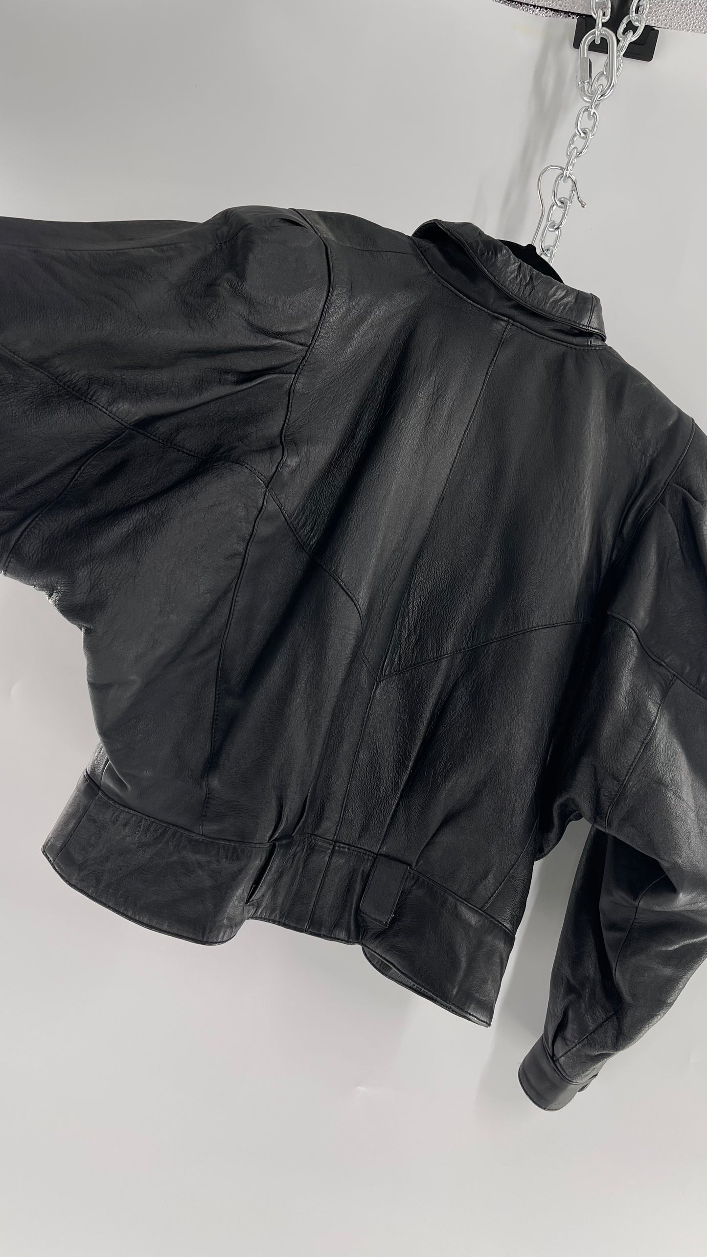 Vintage Black Leather Cropped Motorcycle Jacket (Medium)
