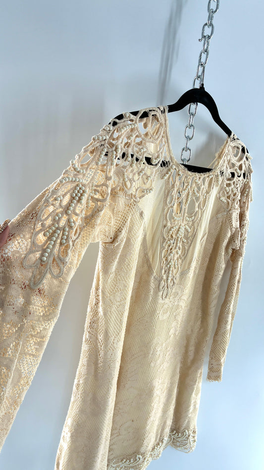 Vintage Free People Beige Long Sleeve Lace Dress with Deep Neckline, Low Back and Beaded Details