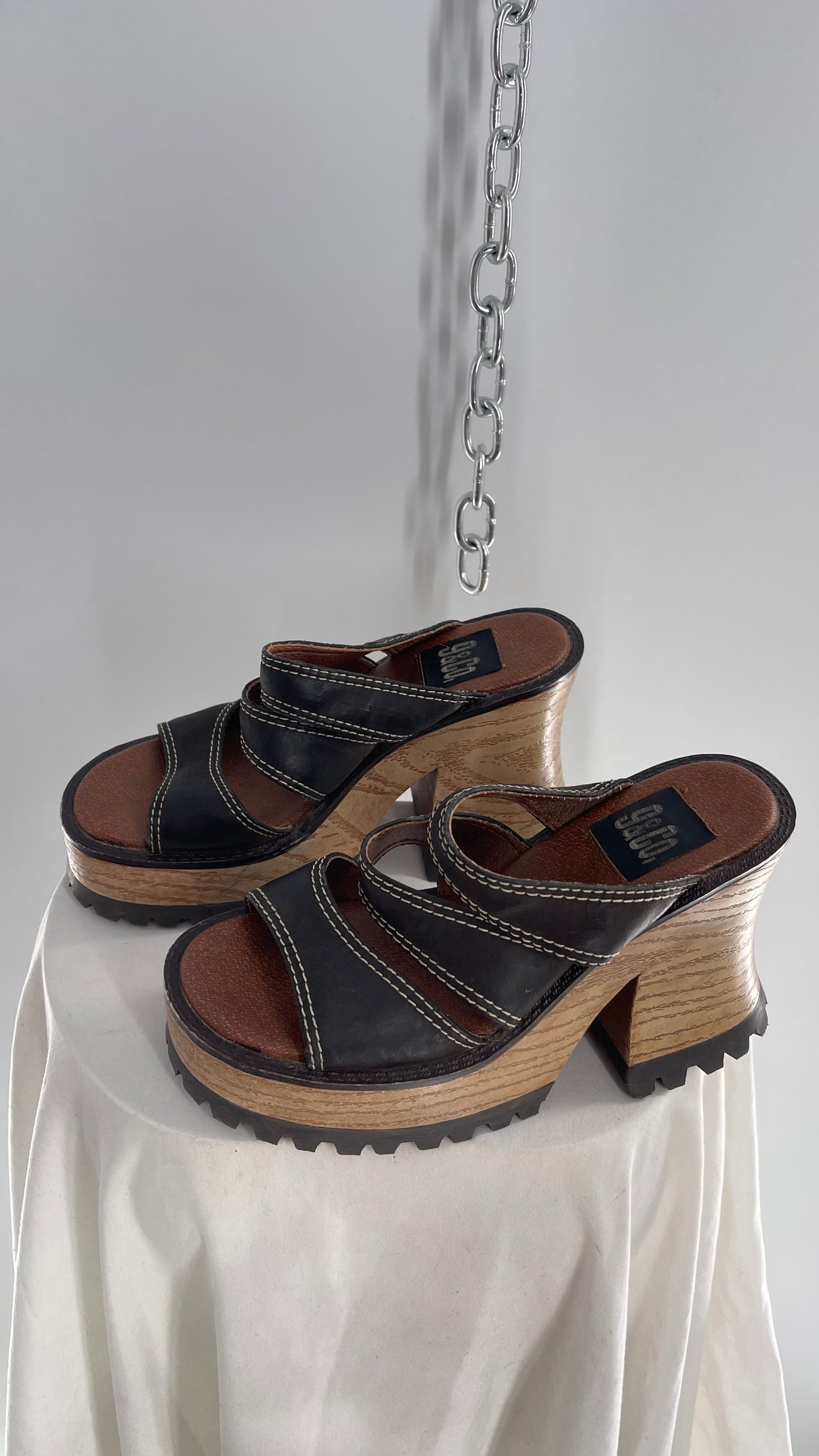 Rare Vintage 9&Co 1990s Brown Leather Strappy Chunky Wooden Platform Funky Heel (7)