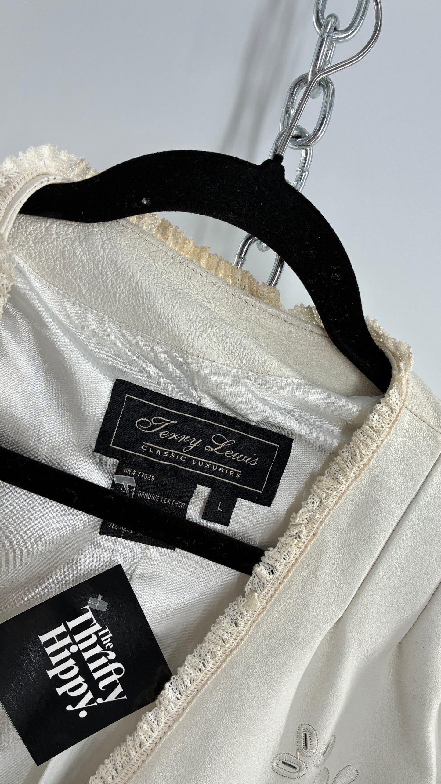 Vintage TERRY LEWIS White Leather Pleated Back, Embroidered Jacket with Lace Trim (Large)
