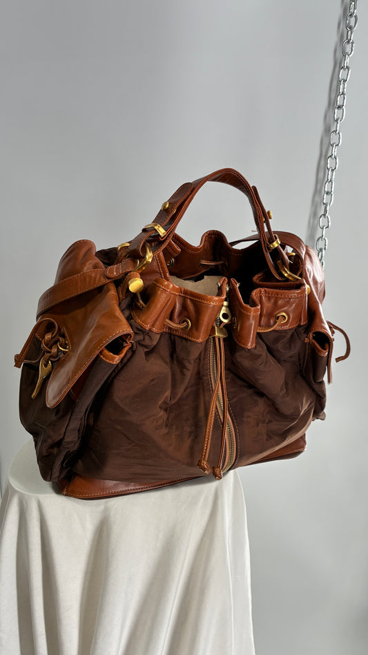 Vintage DONNA KARAN DKNY Oversized XL Brown Zip Front Bag with Leather Details