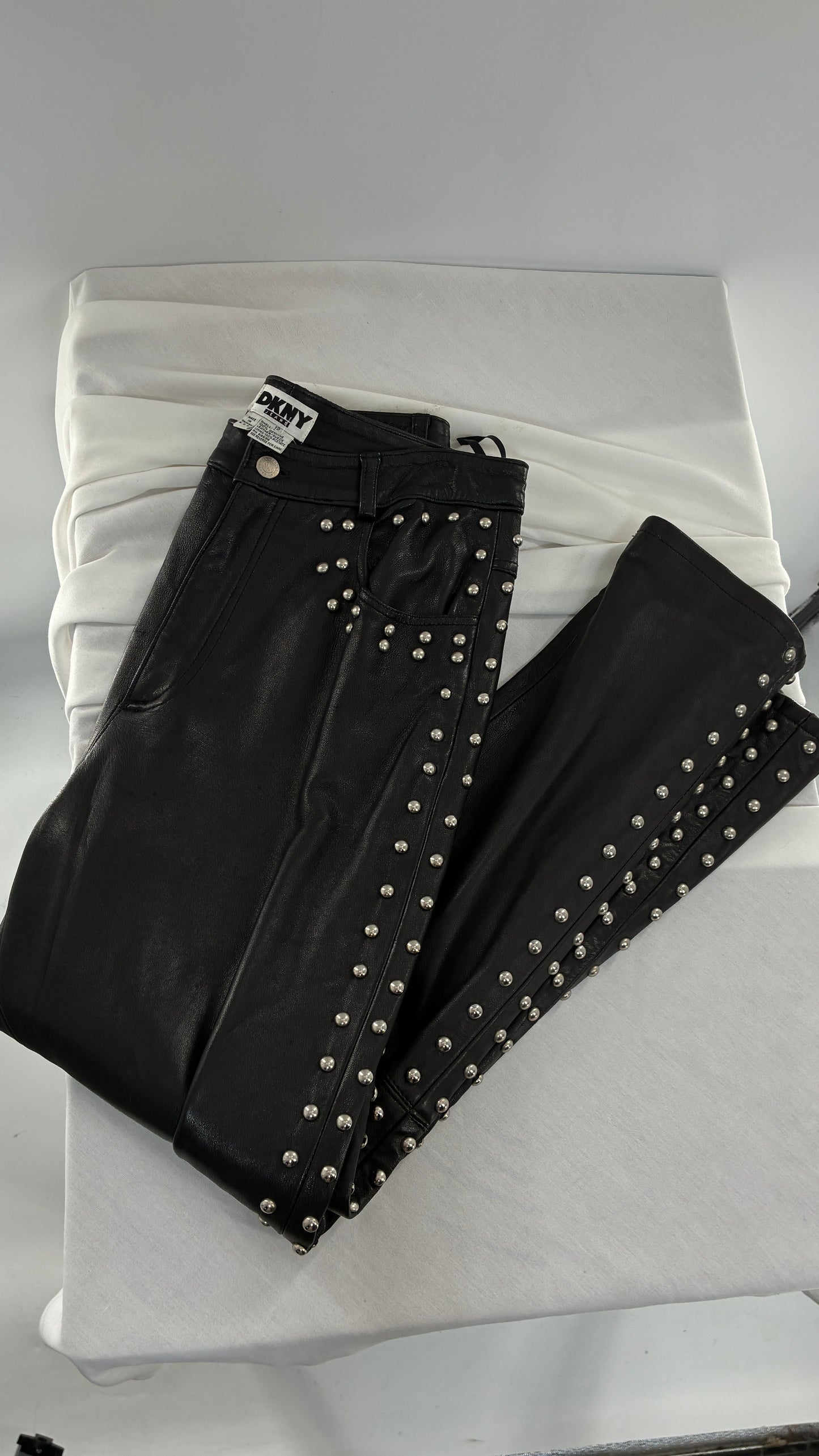 Vintage DKNY Genuine Leather Black Hip to Hem Studded Straight Legs (12)