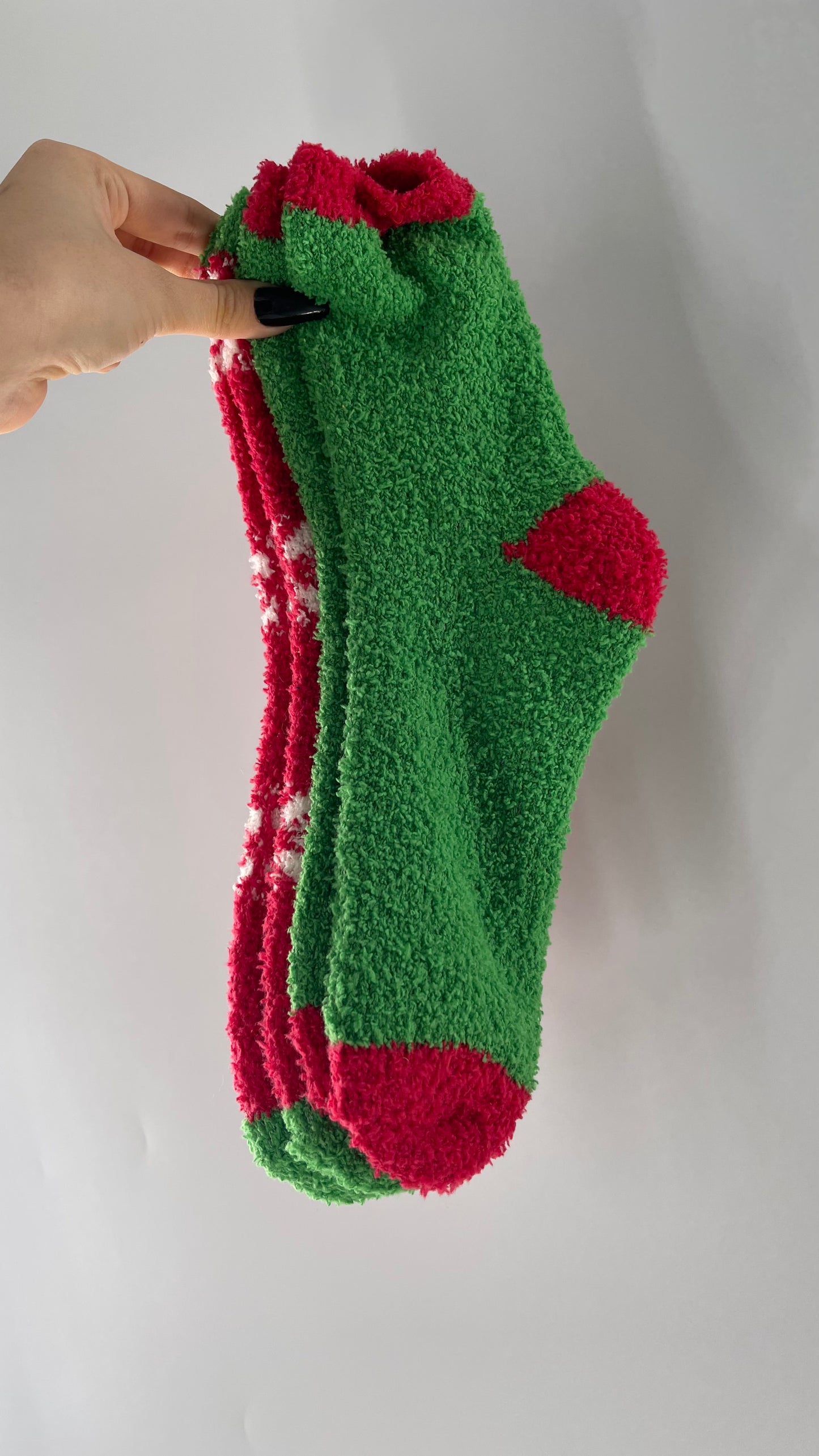 Festive Fuzzy Christmas Color Block Red Green Socks (Sz 8-12)