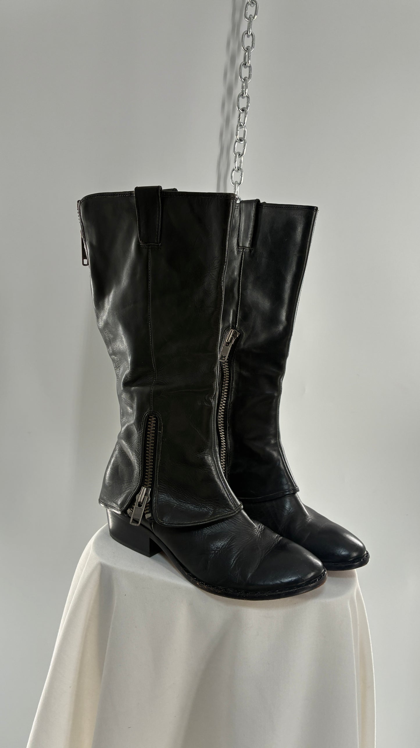 Vintage KORK EASE Black Genuine Leather Fold Over Boots with Heavy Metal Detailing (9/40.5)