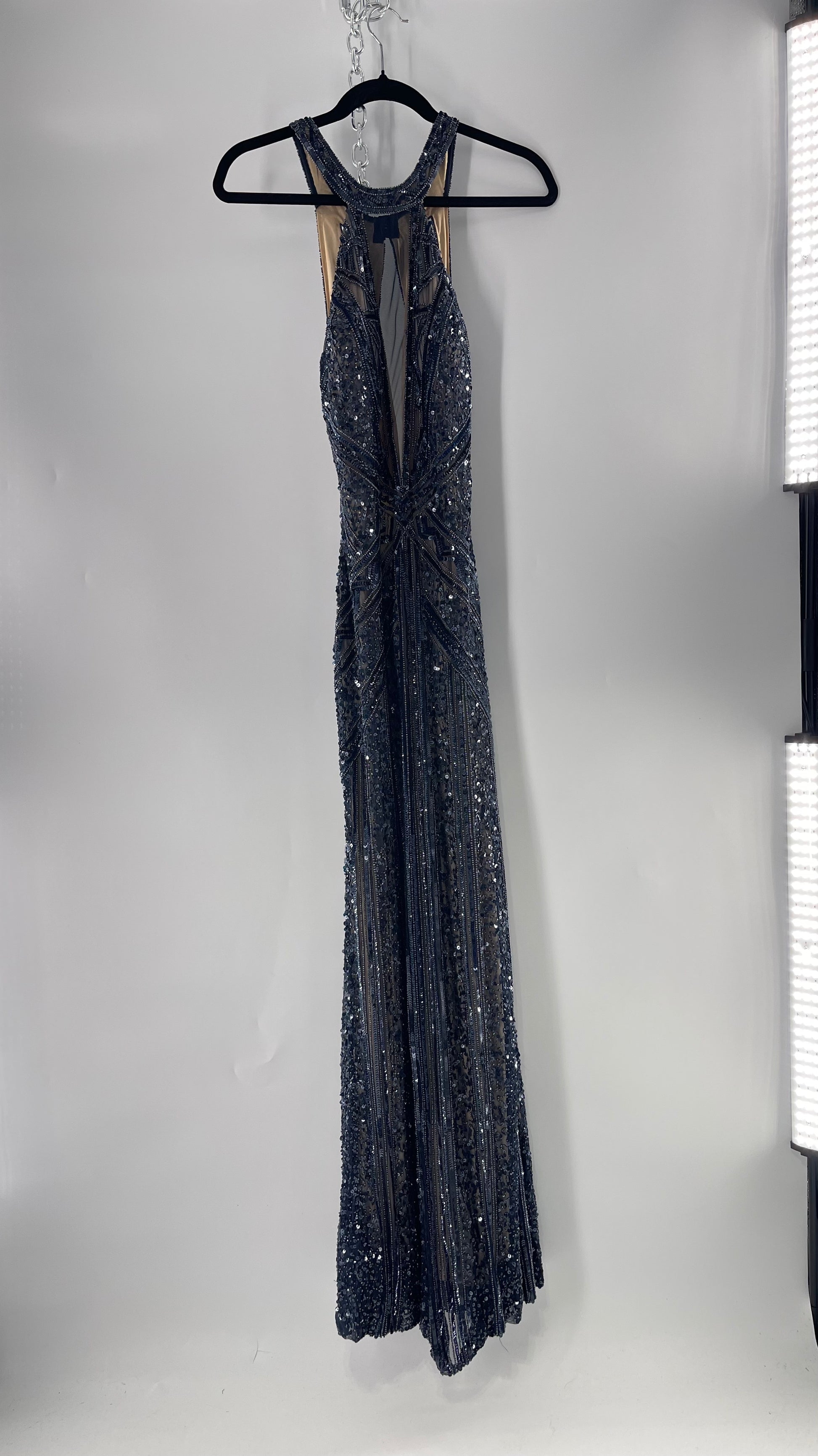 Vintage SCALA Navy Blue Beaded Floor Length Gown with Plunging Necklin The Thrifty Hippy Vintage SCALA Navy Blue Beaded Floor Length Gown with Plunging Necklin The Thrifty Hippy