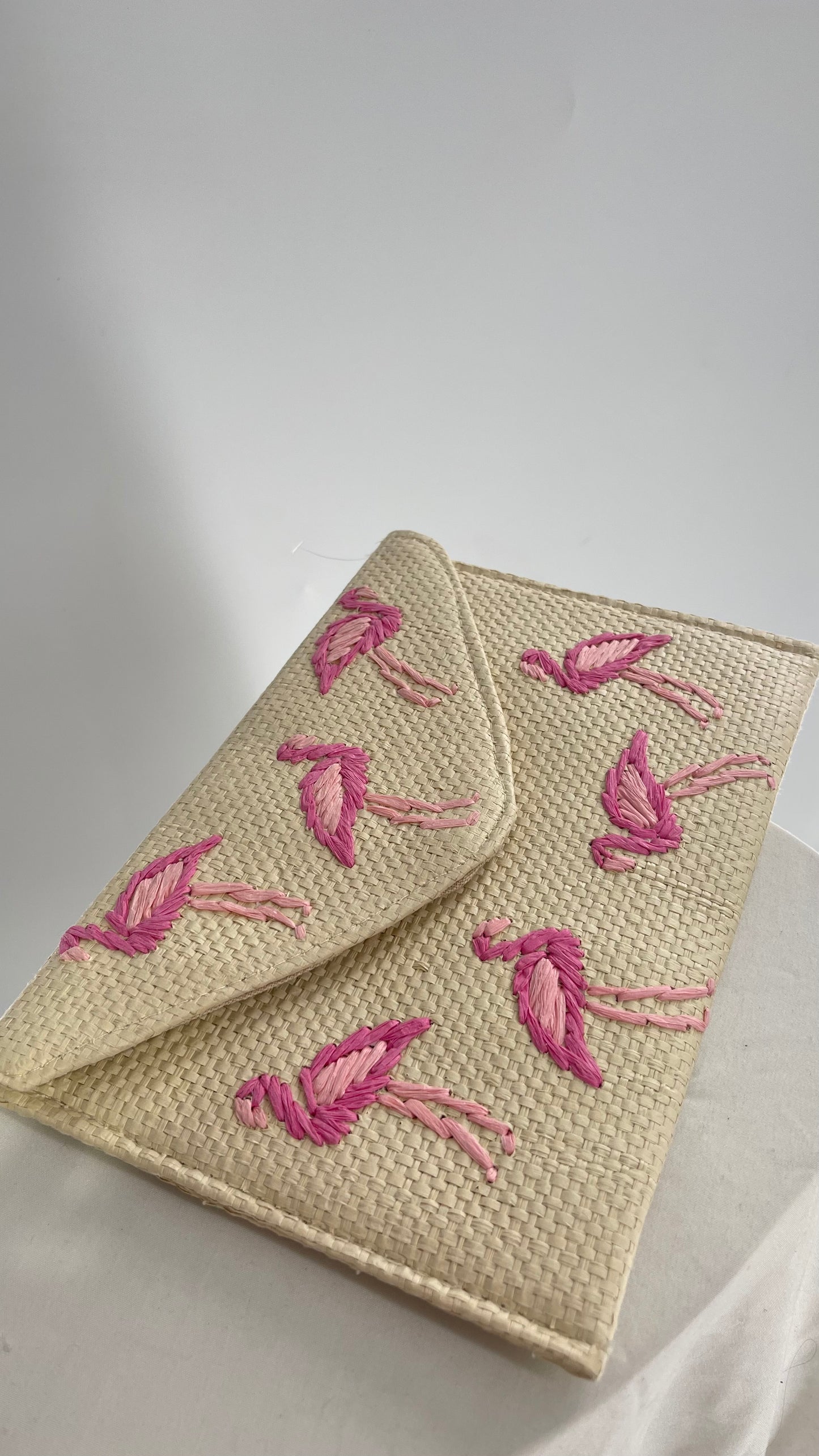 Anthropologie Straw Oversized Clutch with Embroidered Flamingos