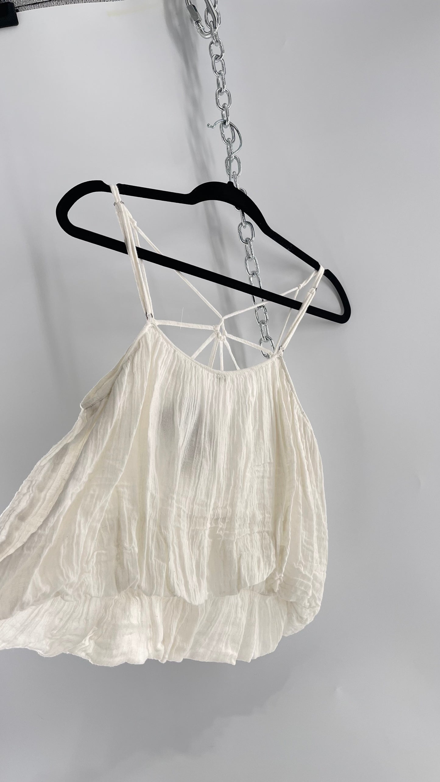 Free People White Cotton Bubble Sleeveless Blouse with Strappy Neckline (M)