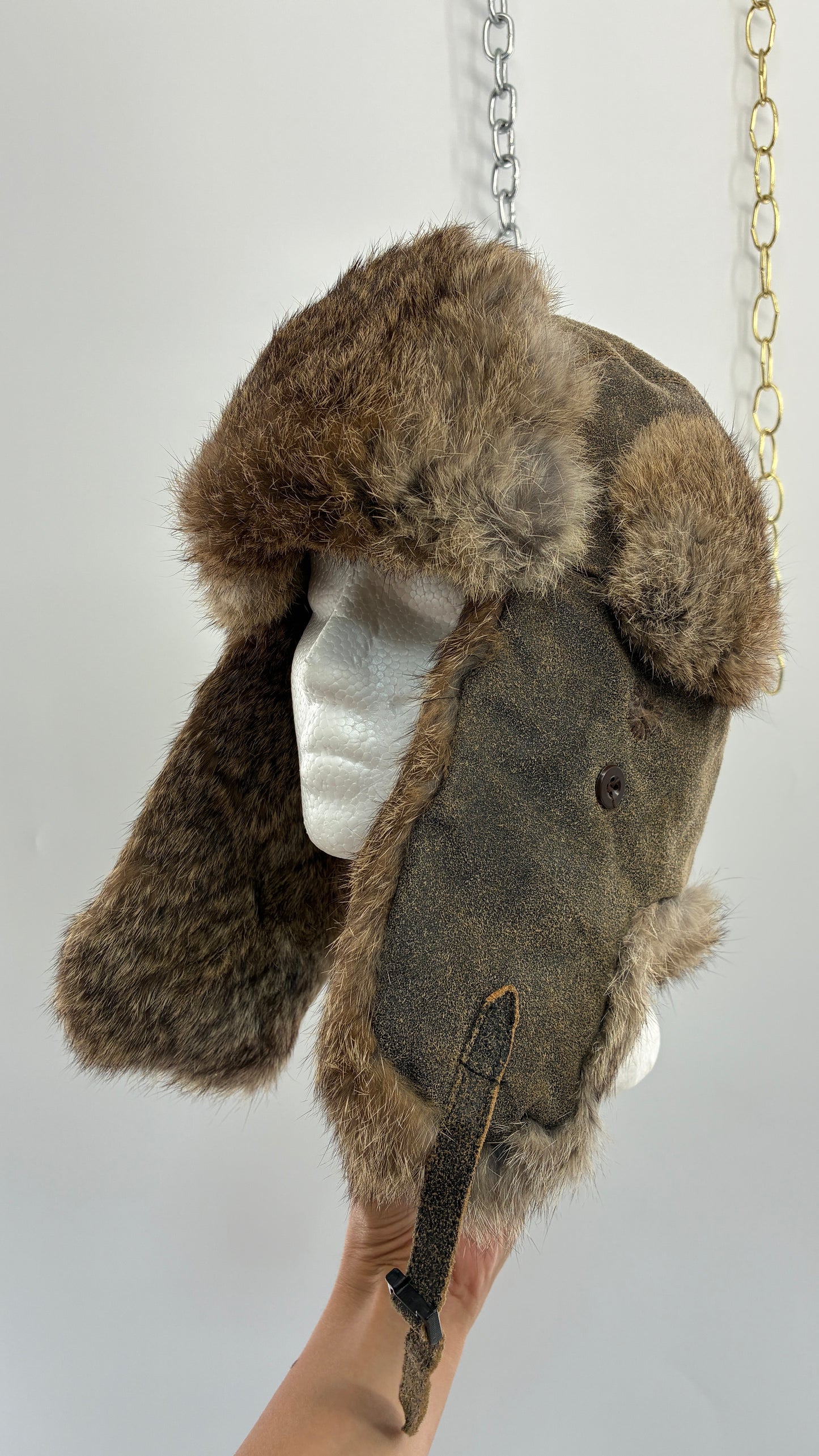 Vintage YUKON CHARLIE Genuine Leather Aviator Trapper Hat with Rabbit Fur Lining