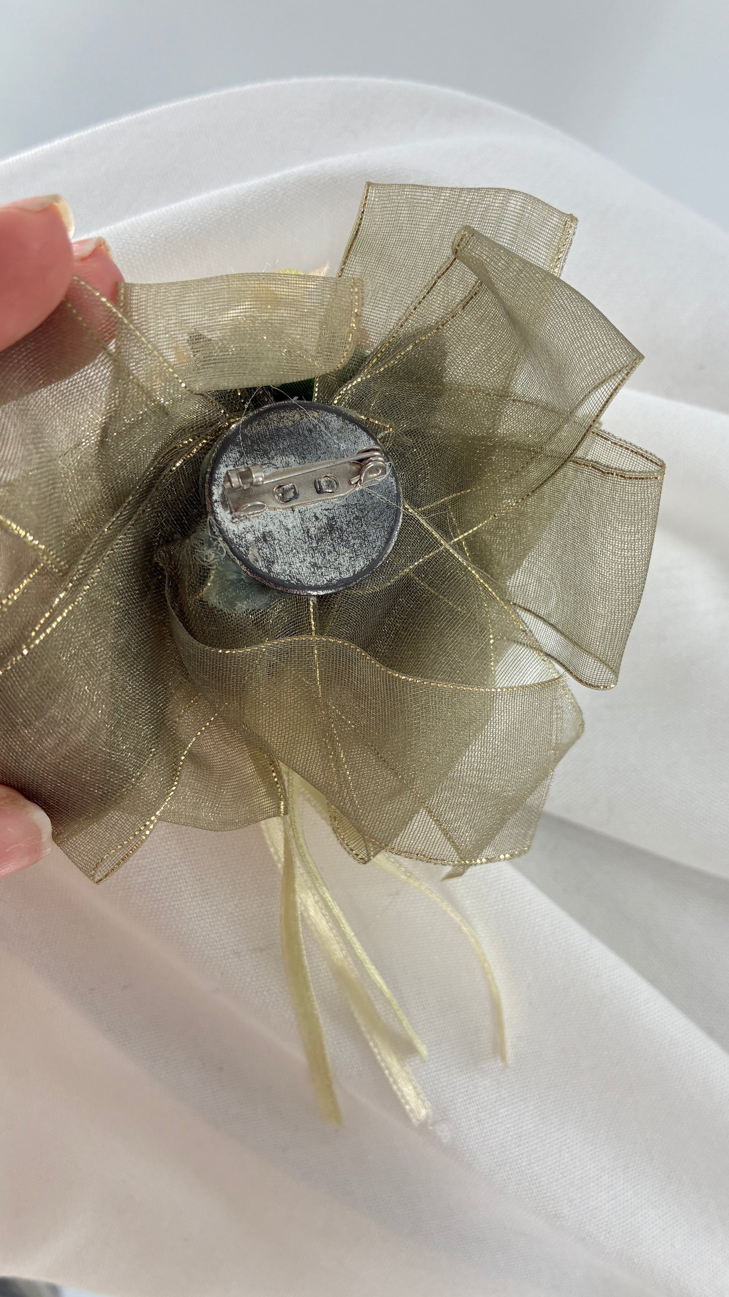 Vintage Brooch Pin with Ribbons and Handmade Fabric Flowers