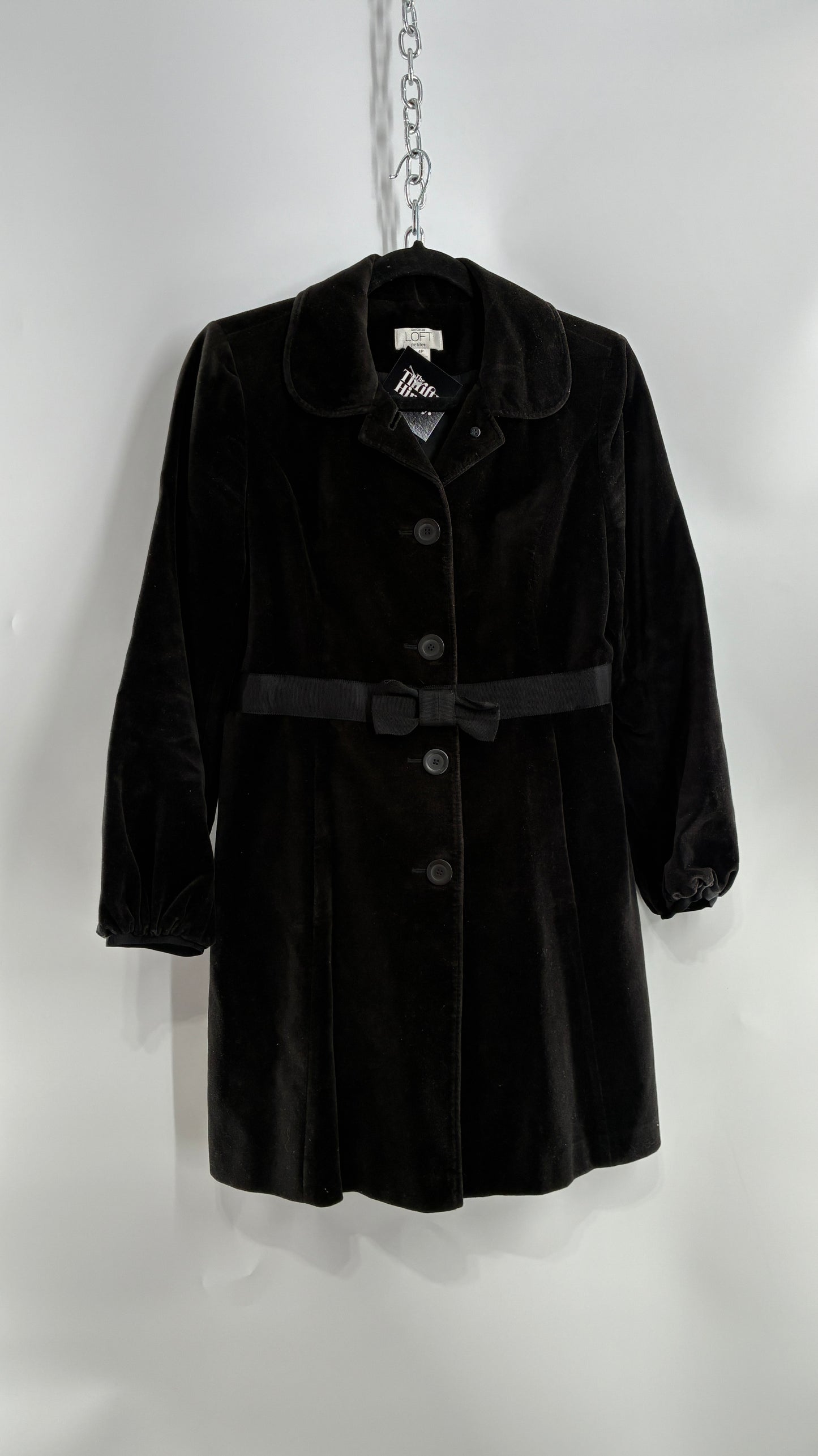 Vintage Ann Taylor Black Velour Bubble Sleeve Coat with Ribbon Bow Belt (4P)