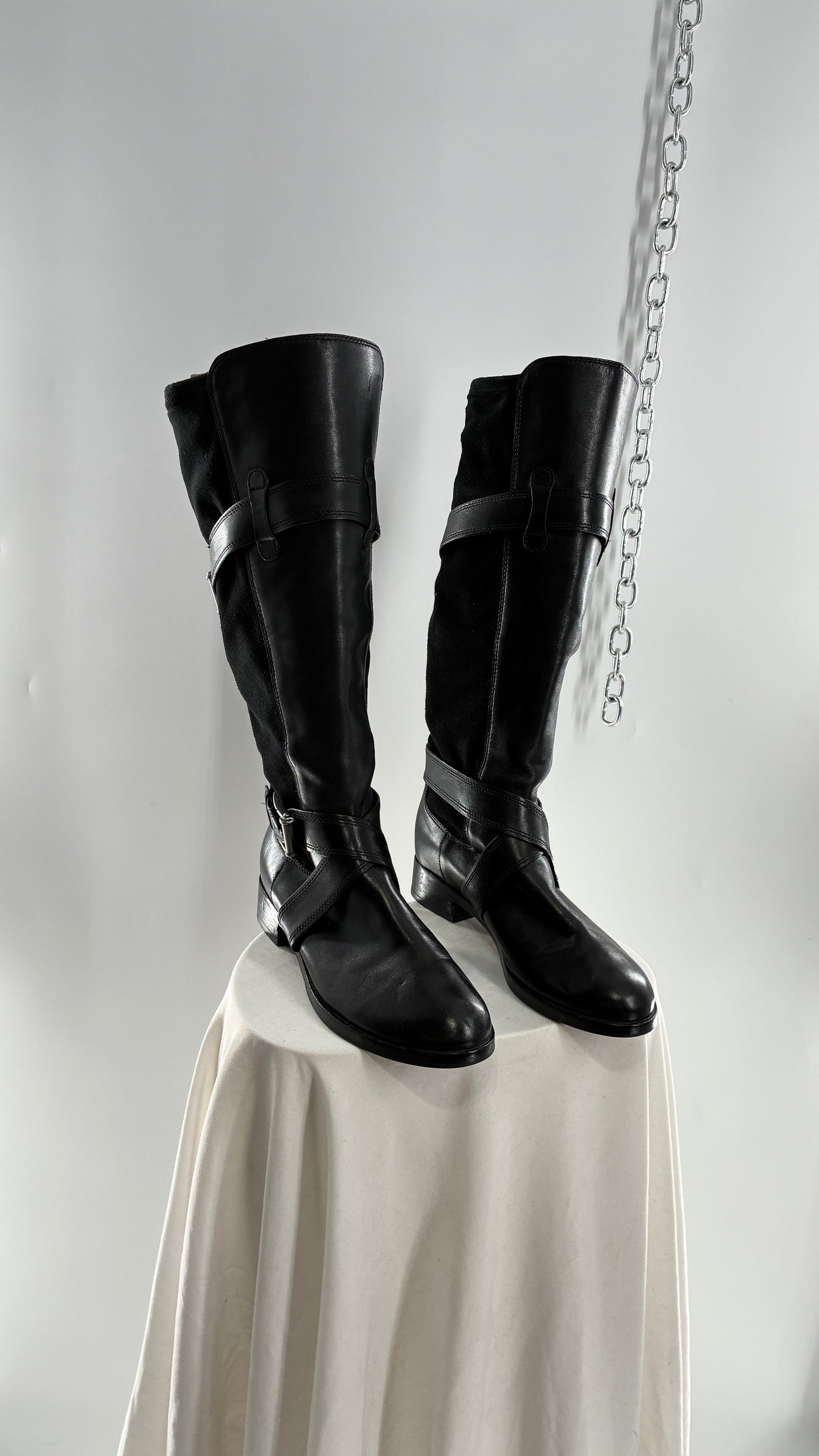 Vintage Cole Haan Black Leather Knee High Boots with Buckle Detailing (7.5)