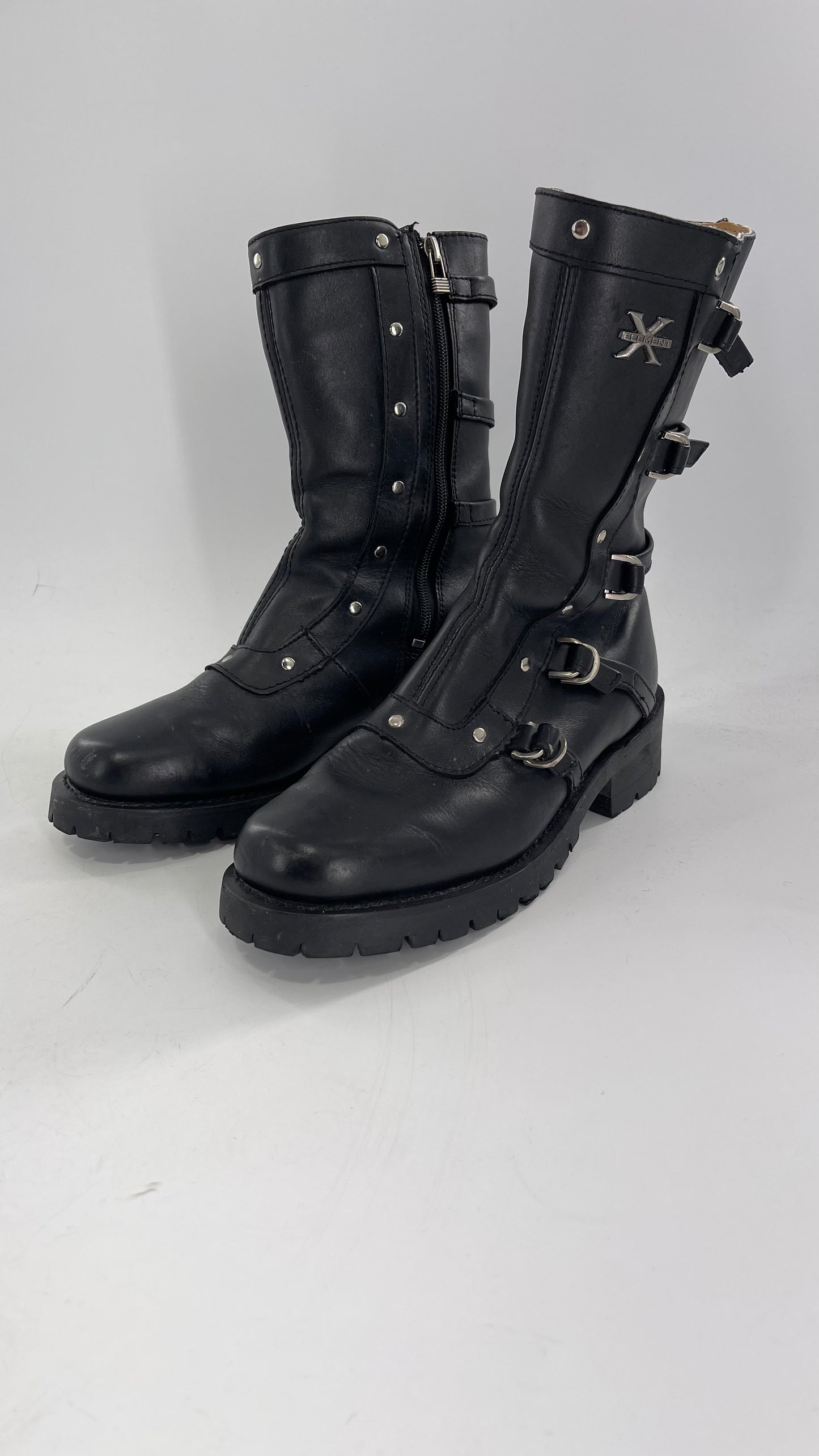 Vintage 1990s XELEMENT Buckle Side Genuine Leather Steam Punk Boots (Women’s 8.5)
