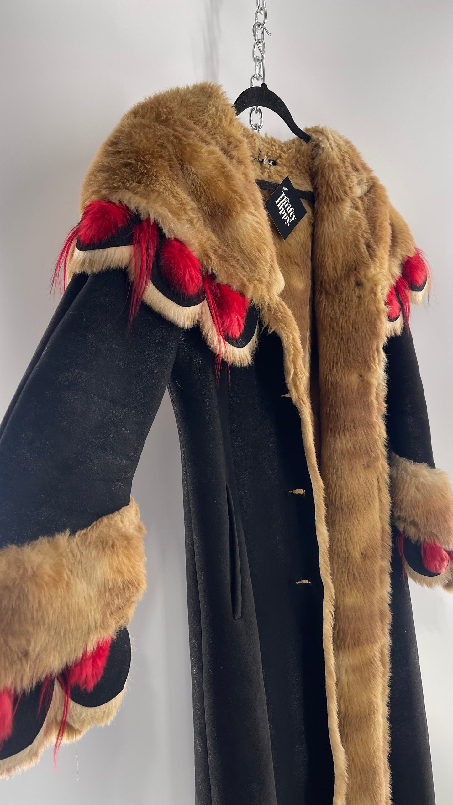 Vintage Russian Black Coat with Brown Fur Piping/Lining, Red Feathers, Scalloped Sleeve, and Hood (Medium)