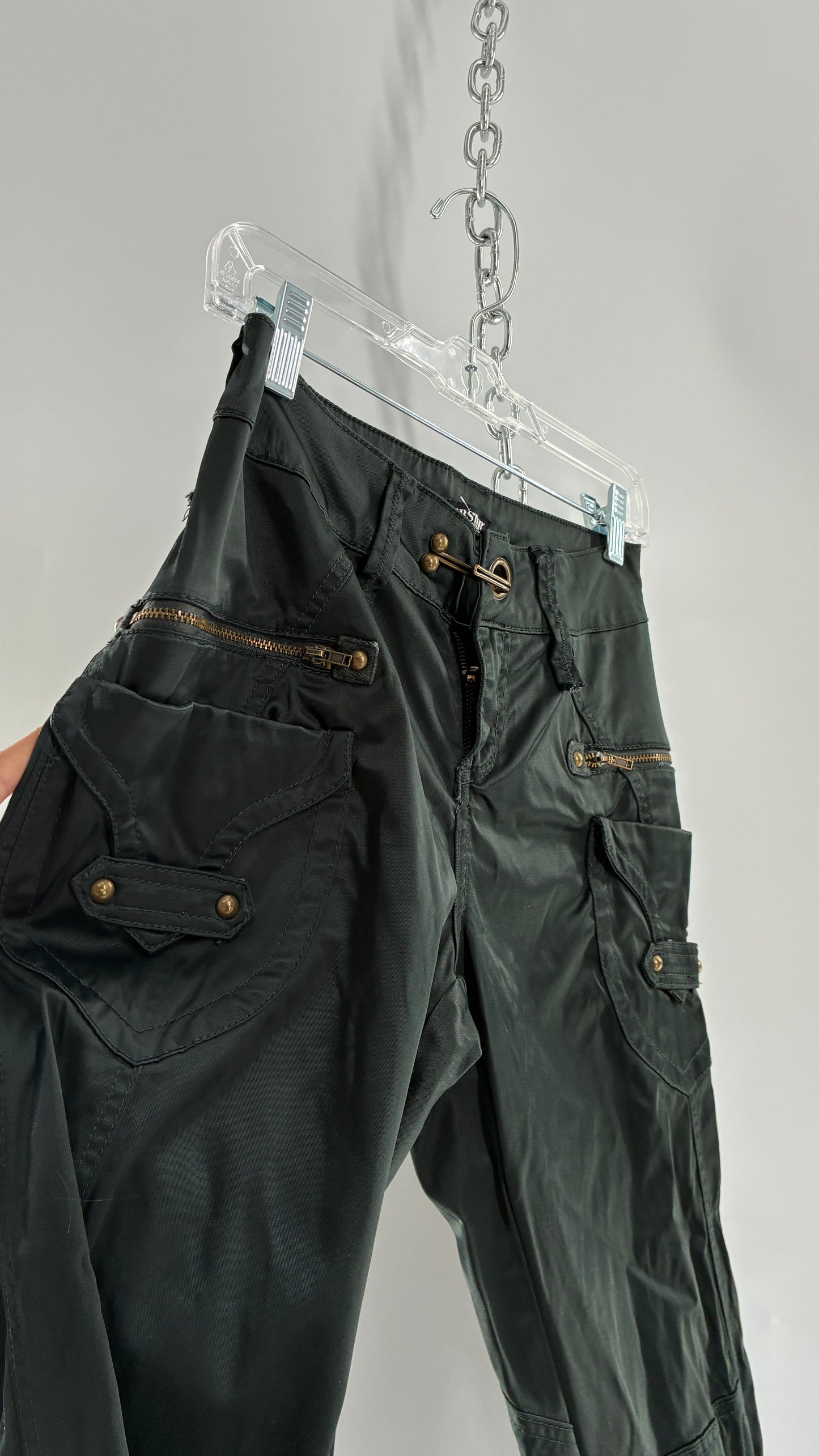Vintage SUPERSTAR Shiny Low Rise Black Cargos with Heavy Brass Hardware, Zippers and Closure (36)